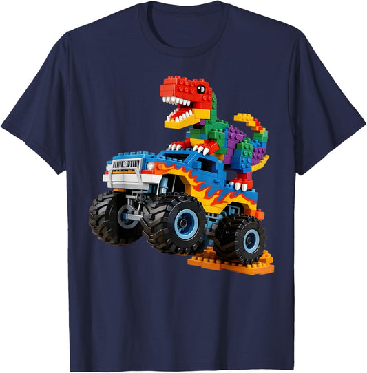 Building Bricks Monster Truck Dinosaur Gifts for Boys Kids T-Shirt - T-Shirt | Navy