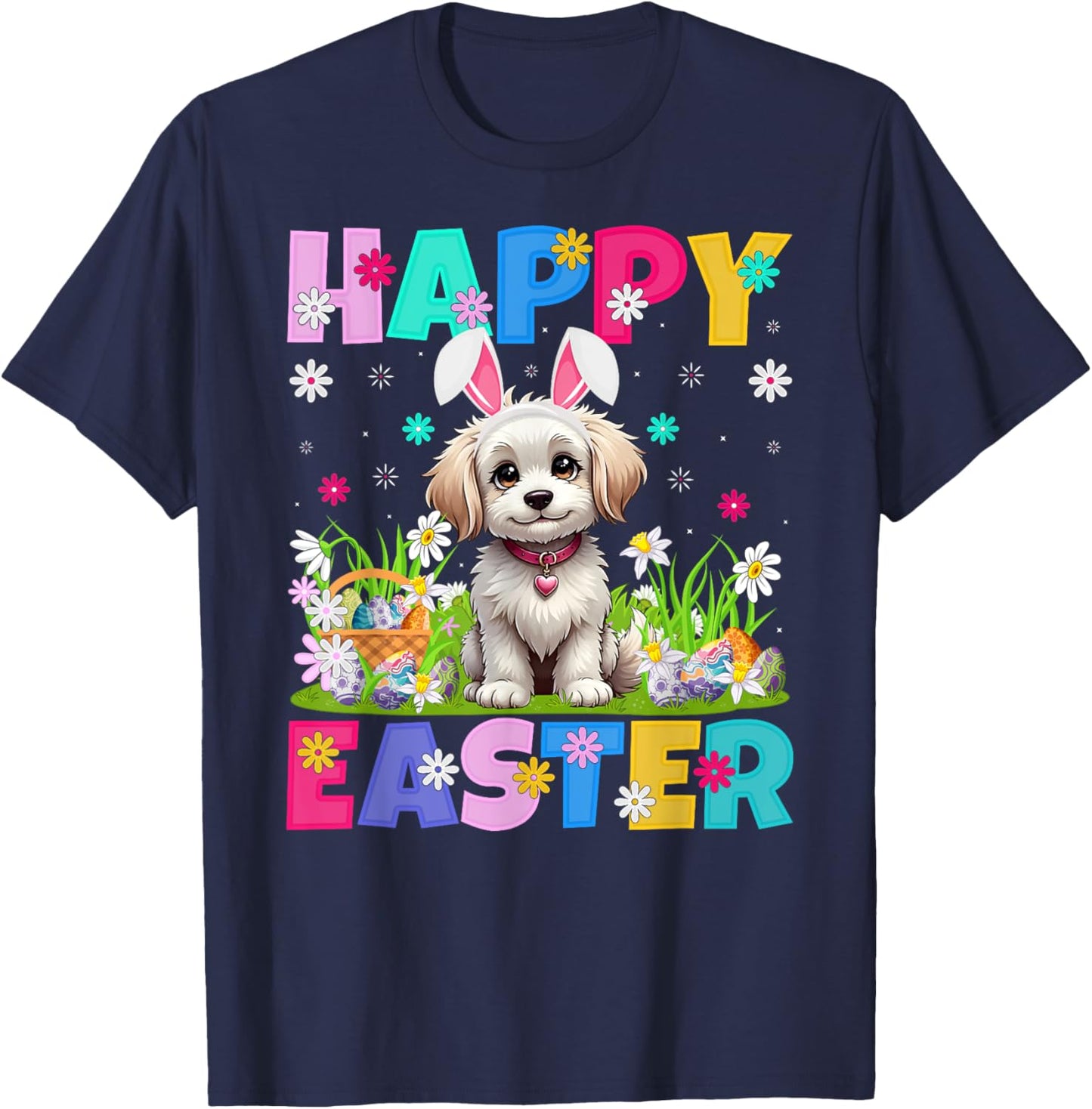 Maltipoo Dog Happy Easter Egg Hunt Bunny Ear Maltipoo Easter T-Shirt - T-Shirt | Navy