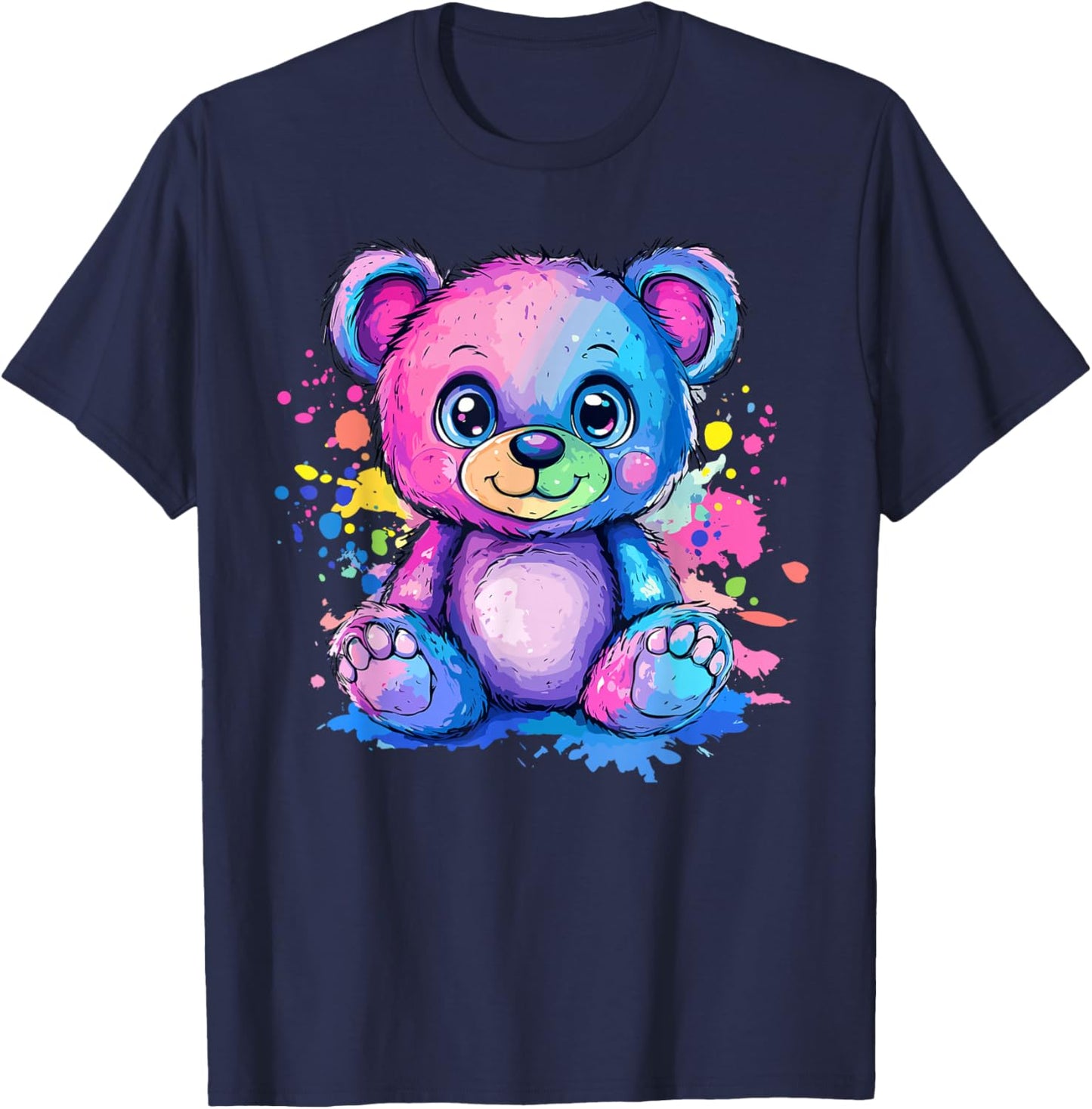 Vibrant Rainbow Teddy Bear Splash T-Shirt - T-Shirt | Navy