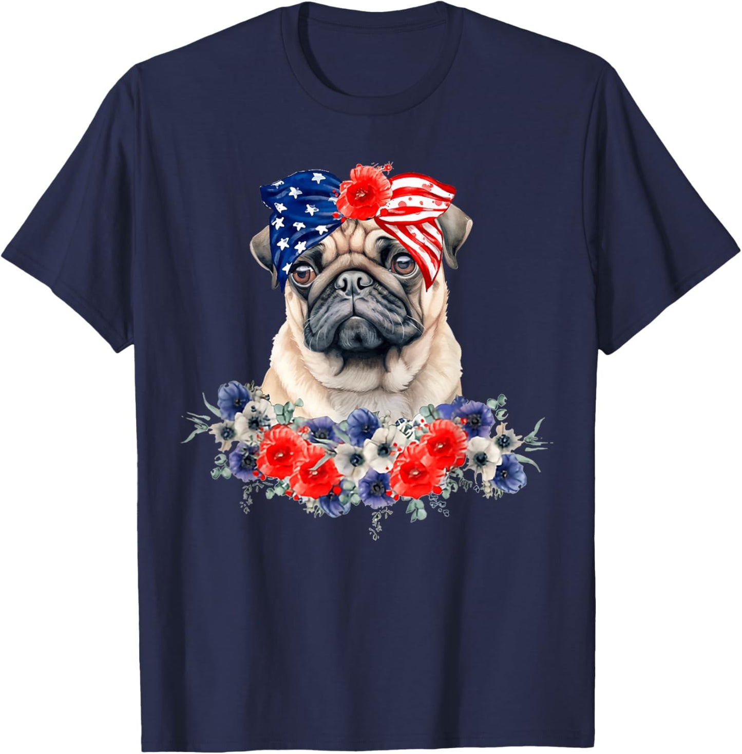 Pug Dog Bandana American Flag 4th Of July Women Kids Men T-Shirt - T-Shirt | Navy