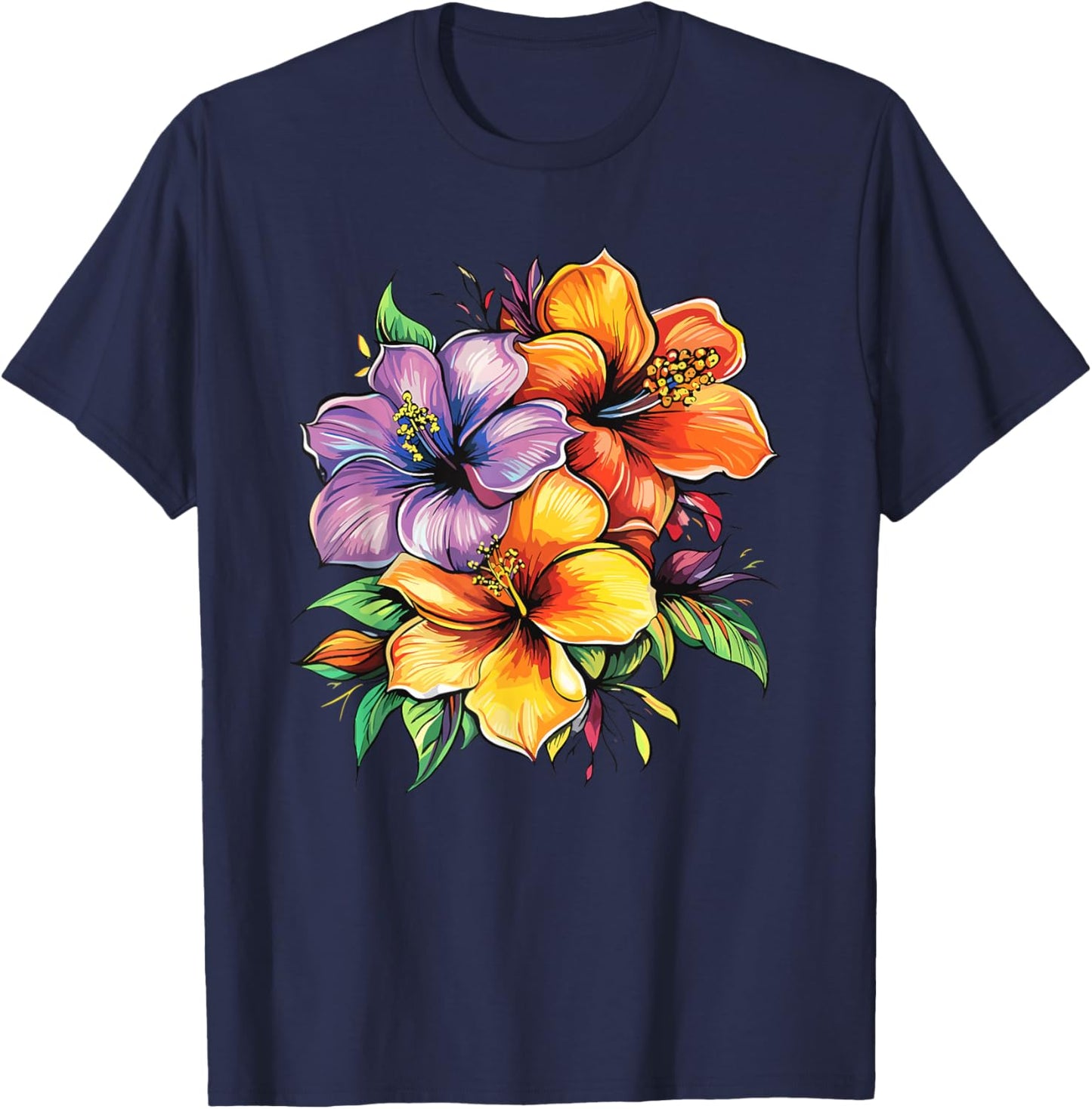 Hawaiian Hibiscus Bouquet Tropical Summer Flowers T-Shirt - T-Shirt | Navy