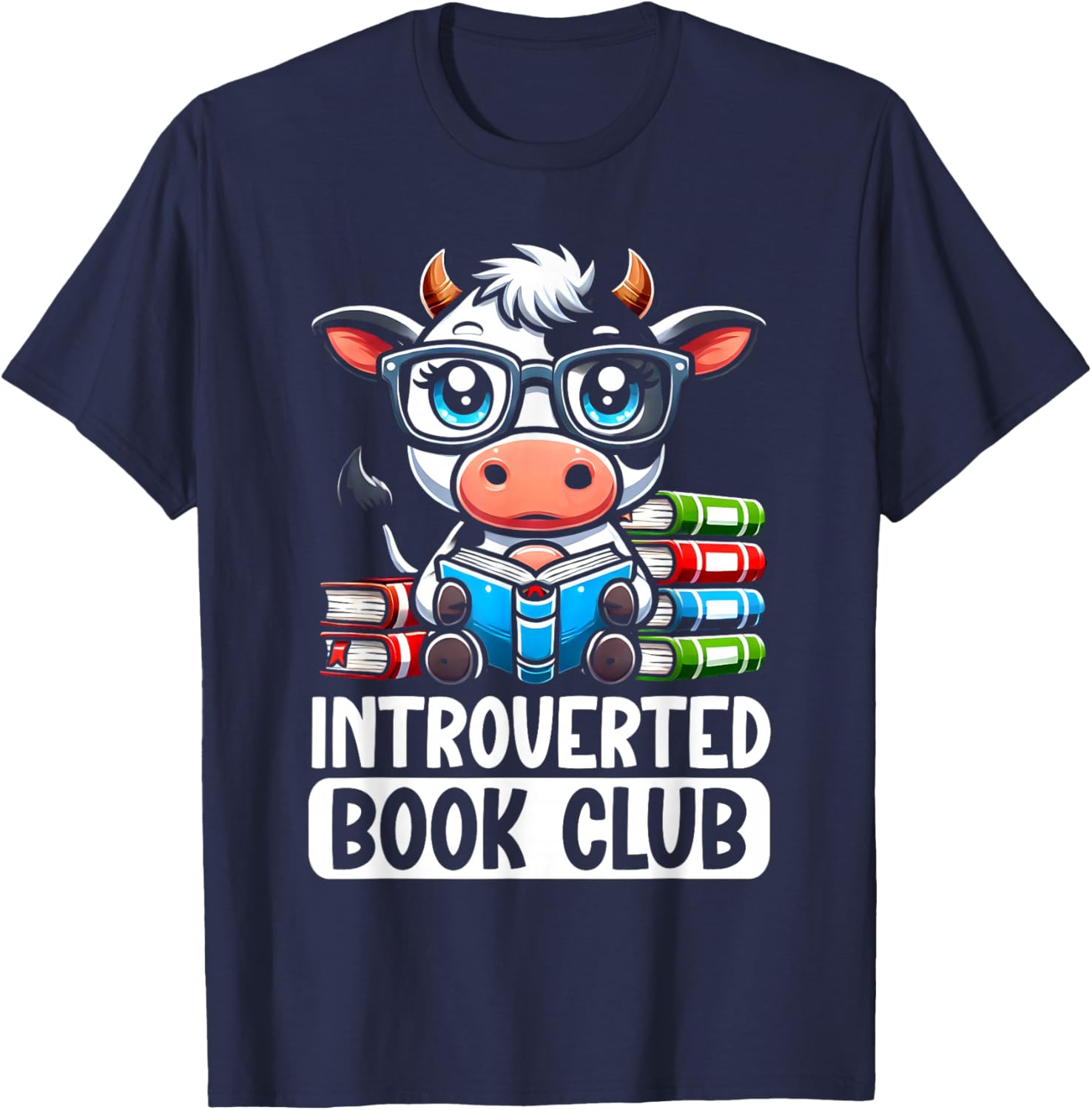 Introverted Book Club Reading Lover Cow T-Shirt - T-Shirt | Navy