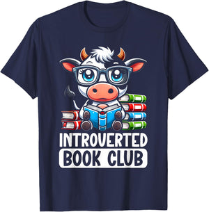 Introverted Book Club Reading Lover Cow T-Shirt - T-Shirt | Navy