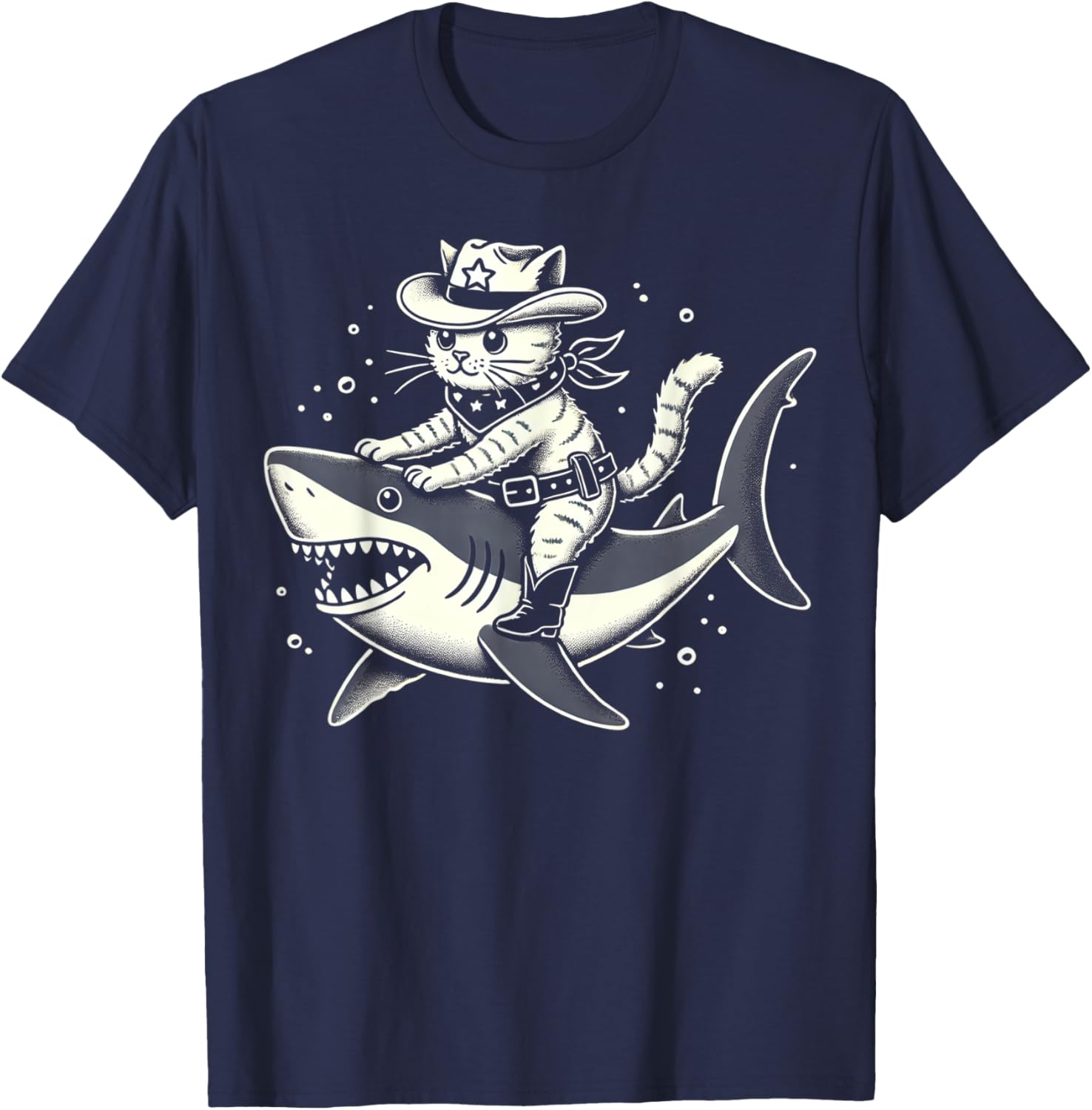 Cat Cowboy on Shark T-Shirt - T-Shirt | Navy