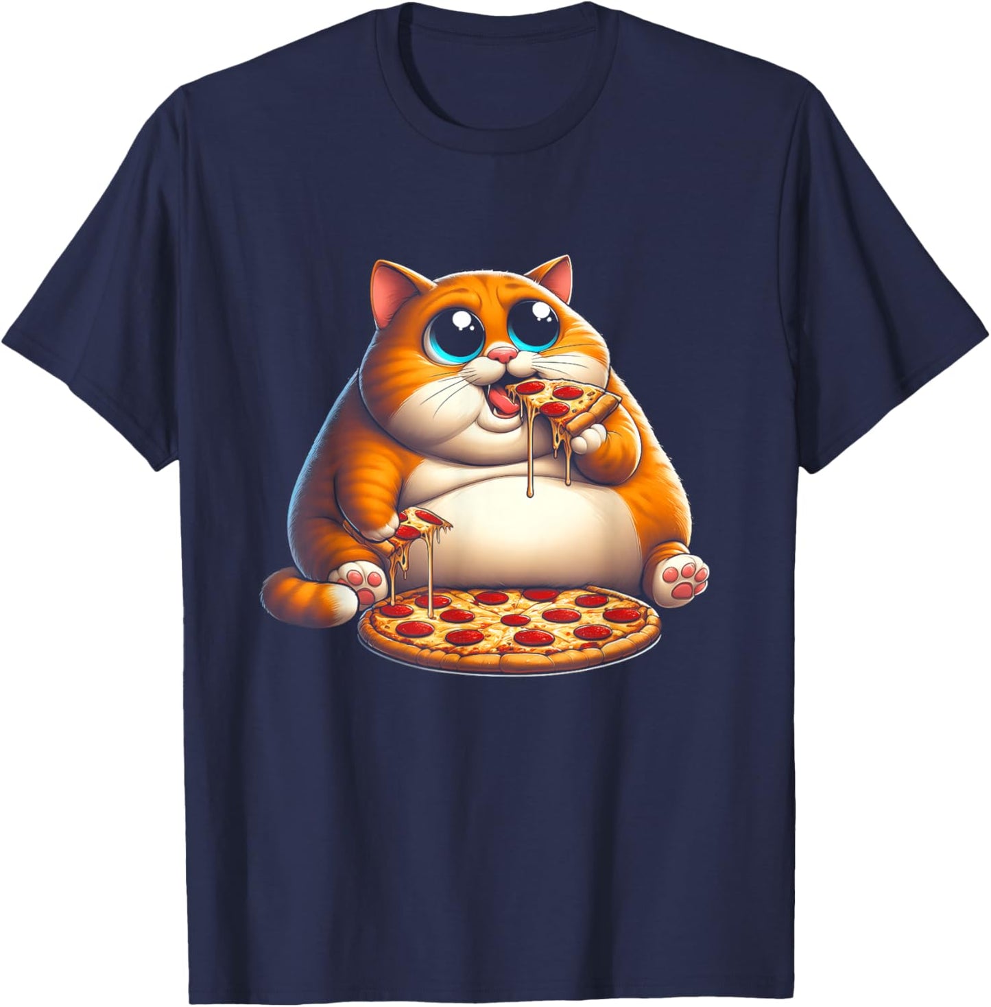 Funny Fat Cat Eating Pizza Fast Food Art Meme Animal Lover T-Shirt - T-Shirt | Navy