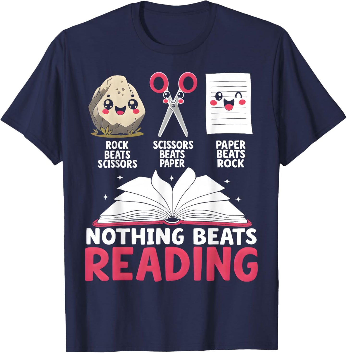 Nothing Beats Reading Rock Paper Scissors Library Book Lover T-Shirt - T-Shirt | Navy