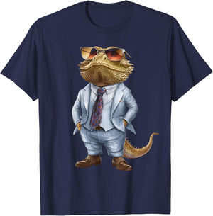 Men Woman Bearded Dragon In Suit Bearded Dragon T-Shirt - T-Shirt | Navy