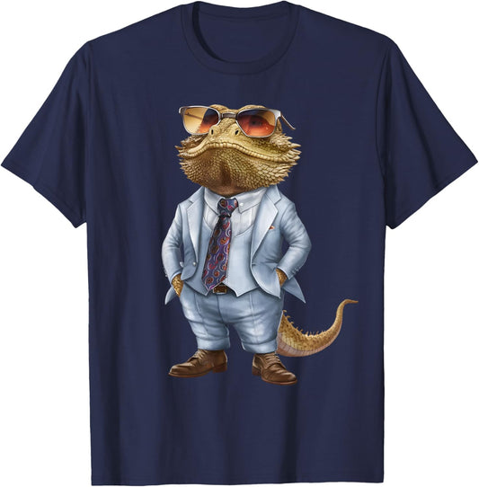 Men Woman Bearded Dragon In Suit Bearded Dragon T-Shirt - T-Shirt | Navy