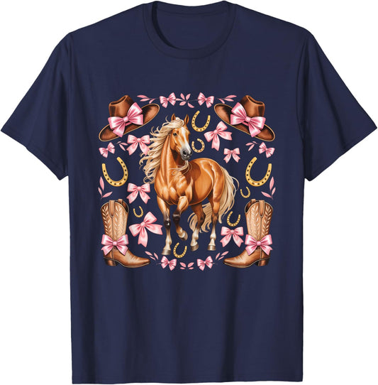Western Girl Country Rodeo Pink Cowgirl Horse Coquette Bow T-Shirt - T-Shirt | Navy