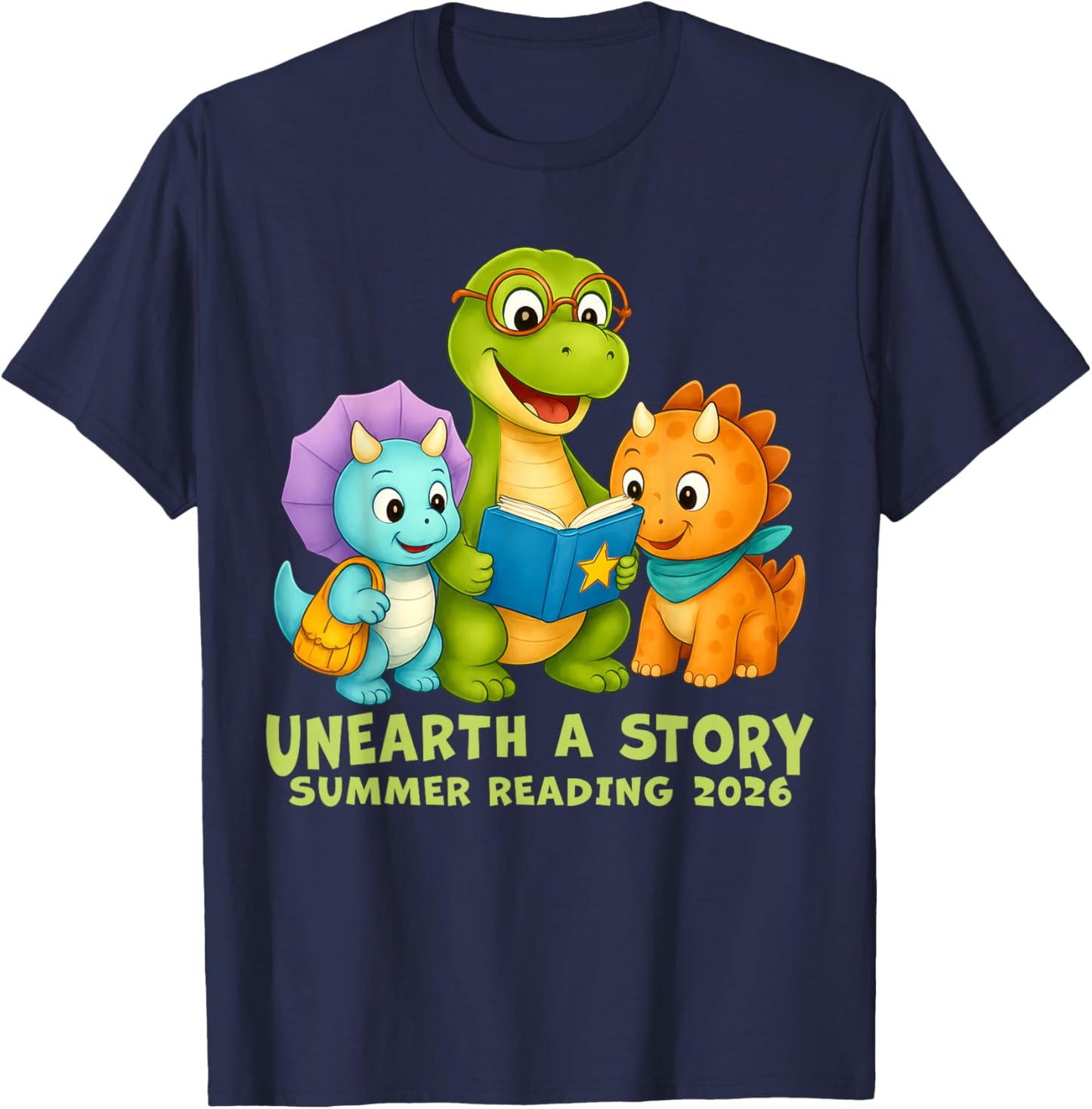 Unearth A Story Summer Reading 2026 Dinosaurs Kids Boy Girl T-Shirt - T-Shirt | Navy