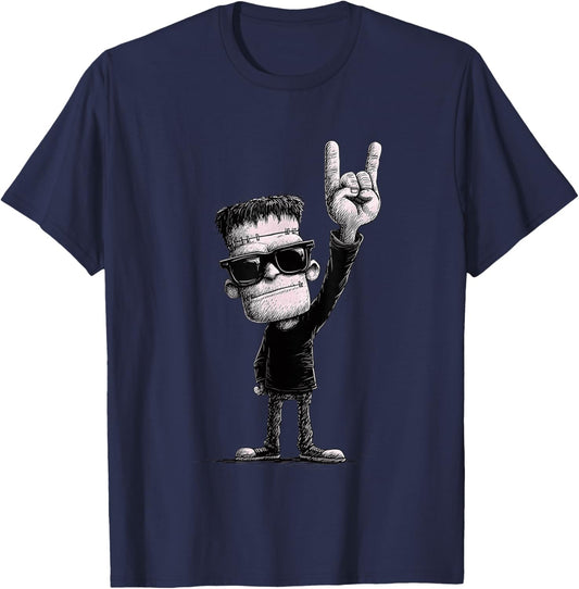 Rock On Frankenstein Halloween Style T-Shirt - T-Shirt | Navy