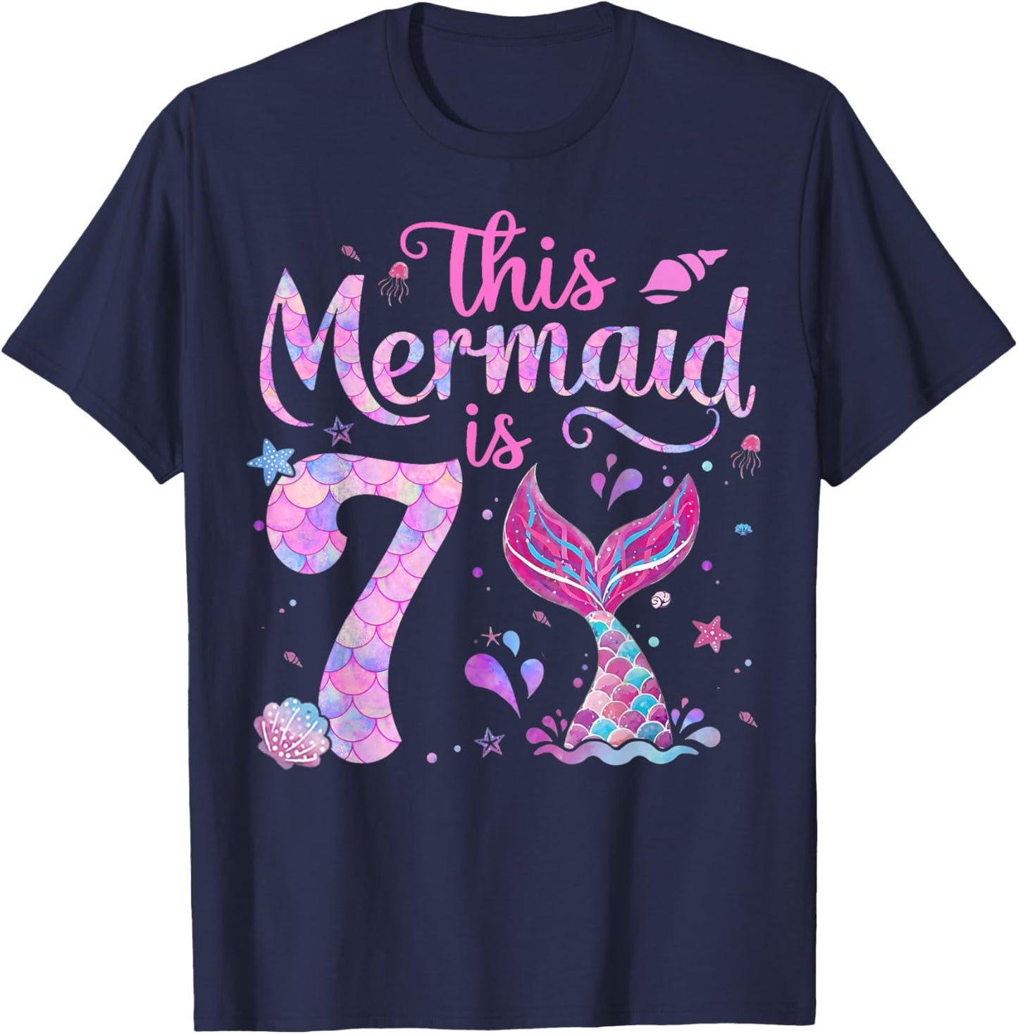 Kids 7th Birthday Girl Shirt 7 Year Old Mermaid Bday Girls T-Shirt - T-Shirt | Navy