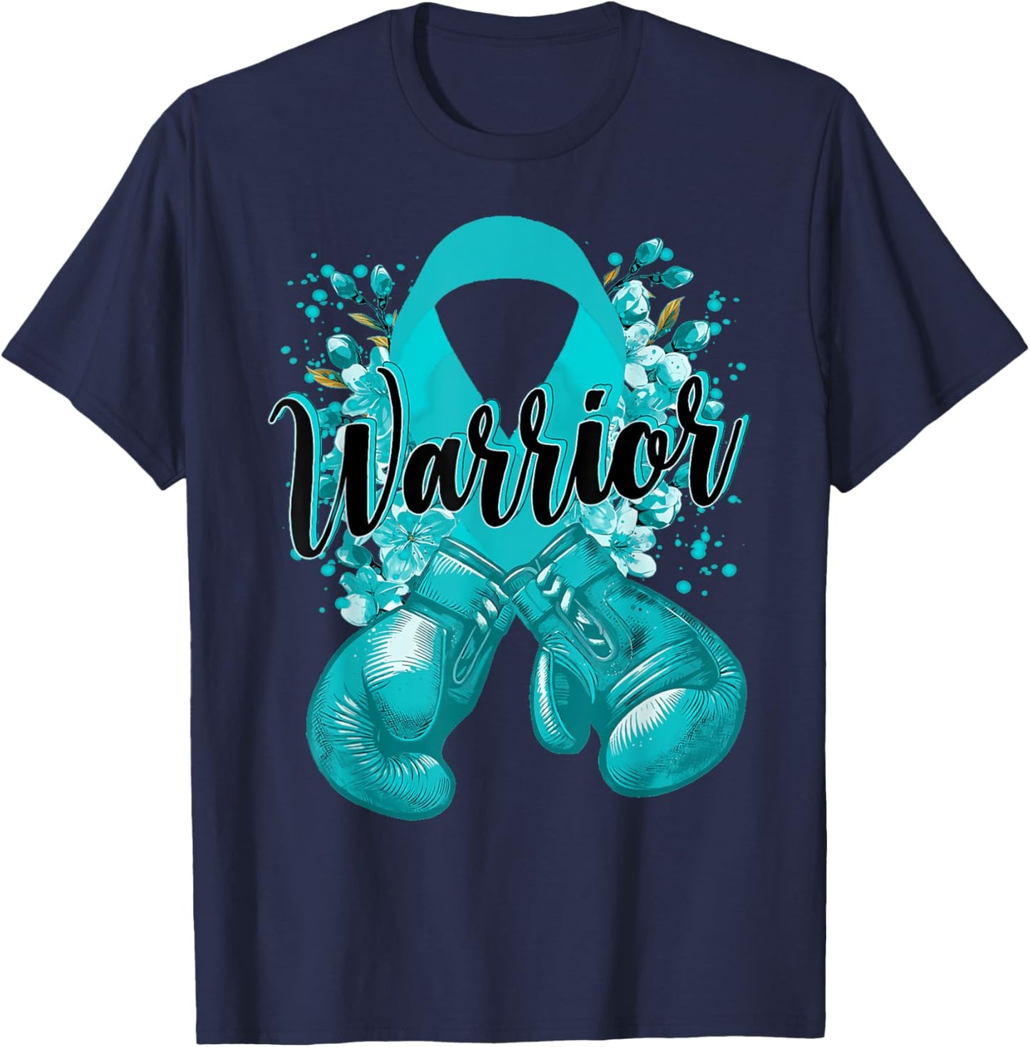 Warrior Boxing Gloves Teal Ribbon Cervical Cancer Awareness T-Shirt - T-Shirt | Navy