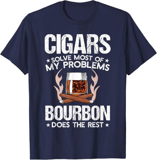 Cigars Solve Most Of My Problems Bourbon Does Rest Vintage T-Shirt - T-Shirt | Navy