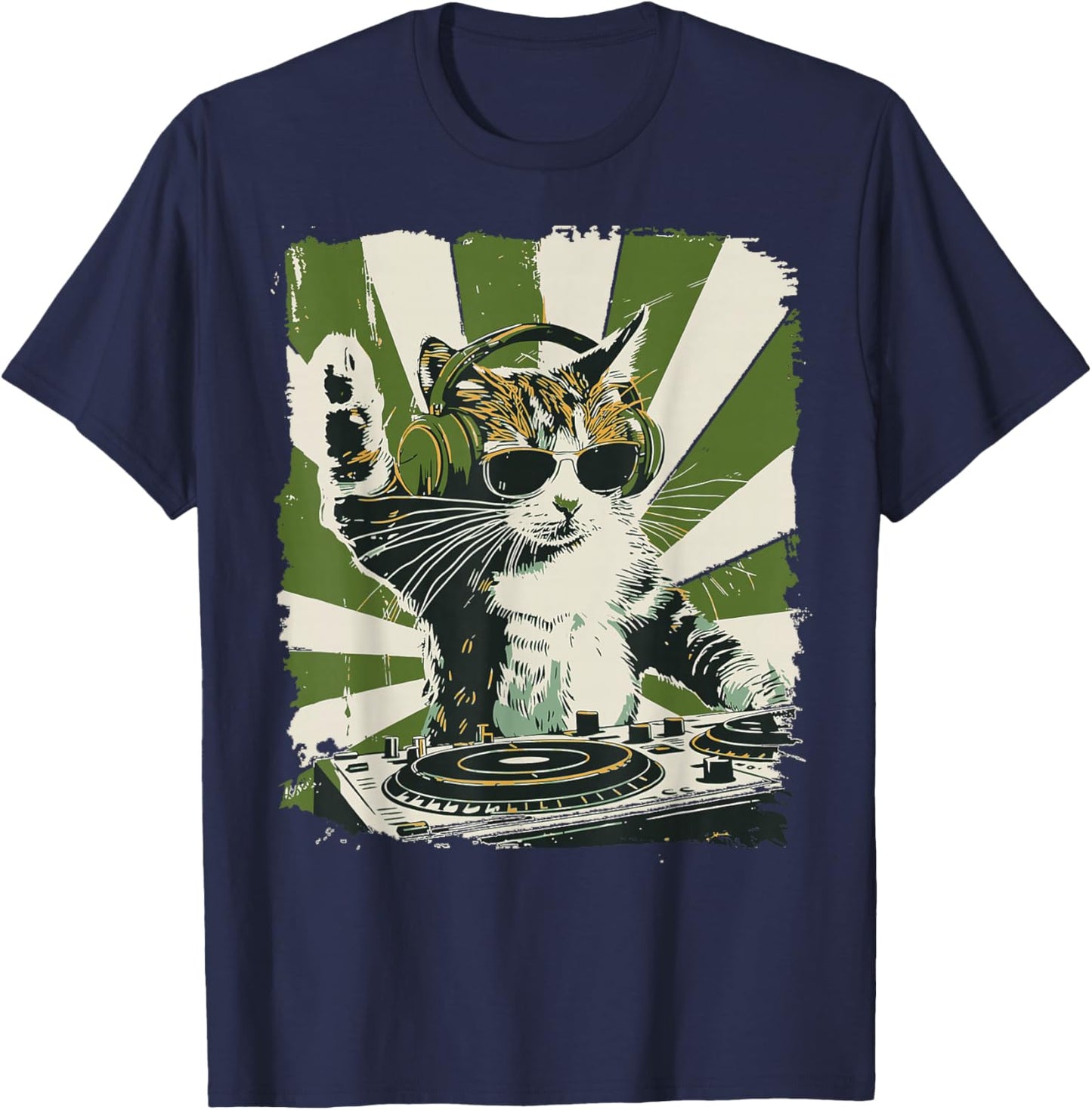 Funny Cat with Headphones & Sunglasses Vintage Art T-Shirt - T-Shirt | Navy