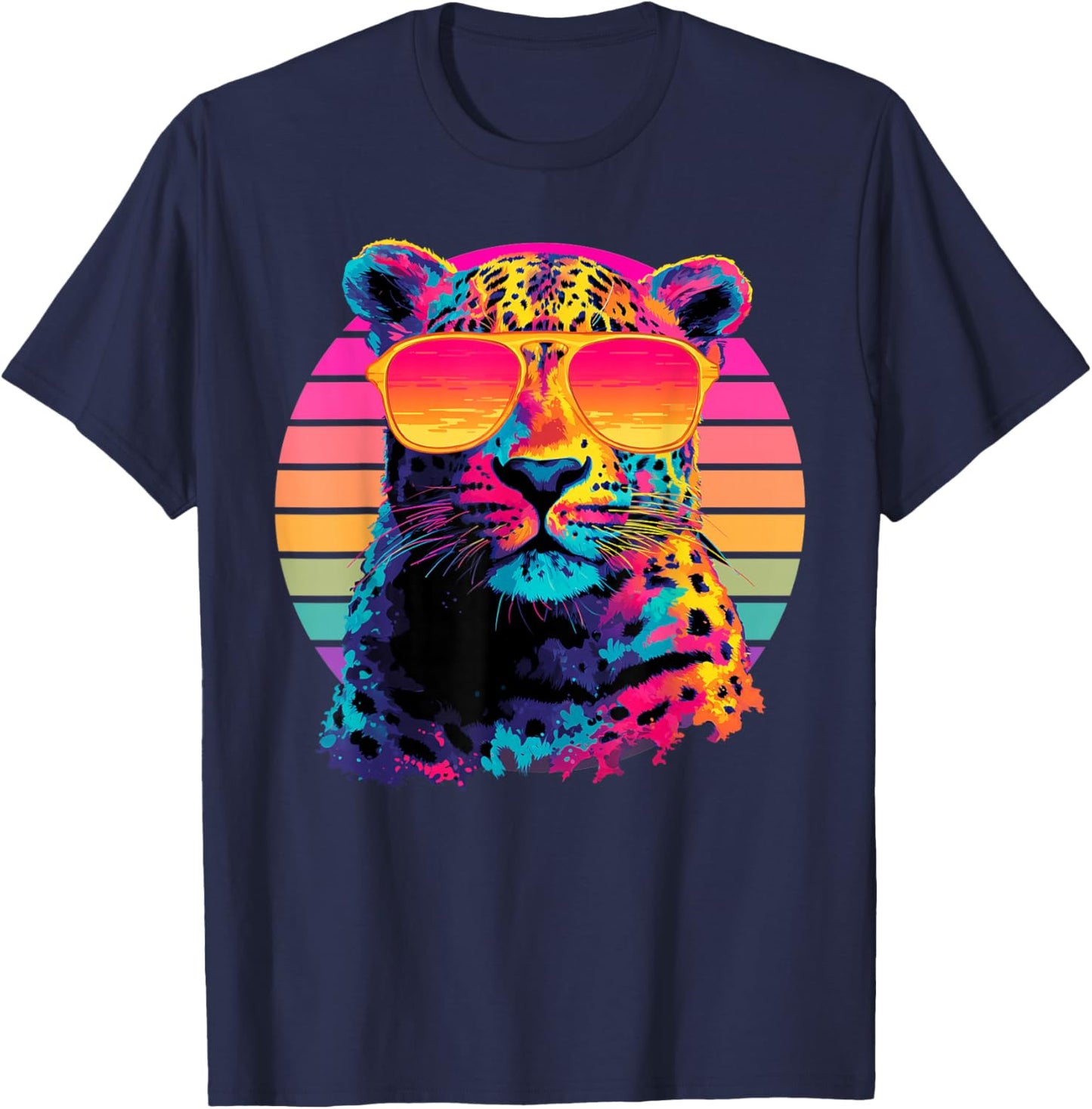 Leopard with Sunglasses Retro Sunset Party Animal T-Shirt - T-Shirt | Navy