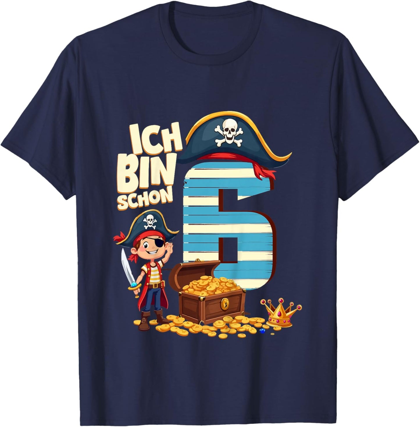Children's 6th Birthday Pirate Decoration 6 Years Boy Outfit Pirate T-Shirt - T-Shirt | Navy