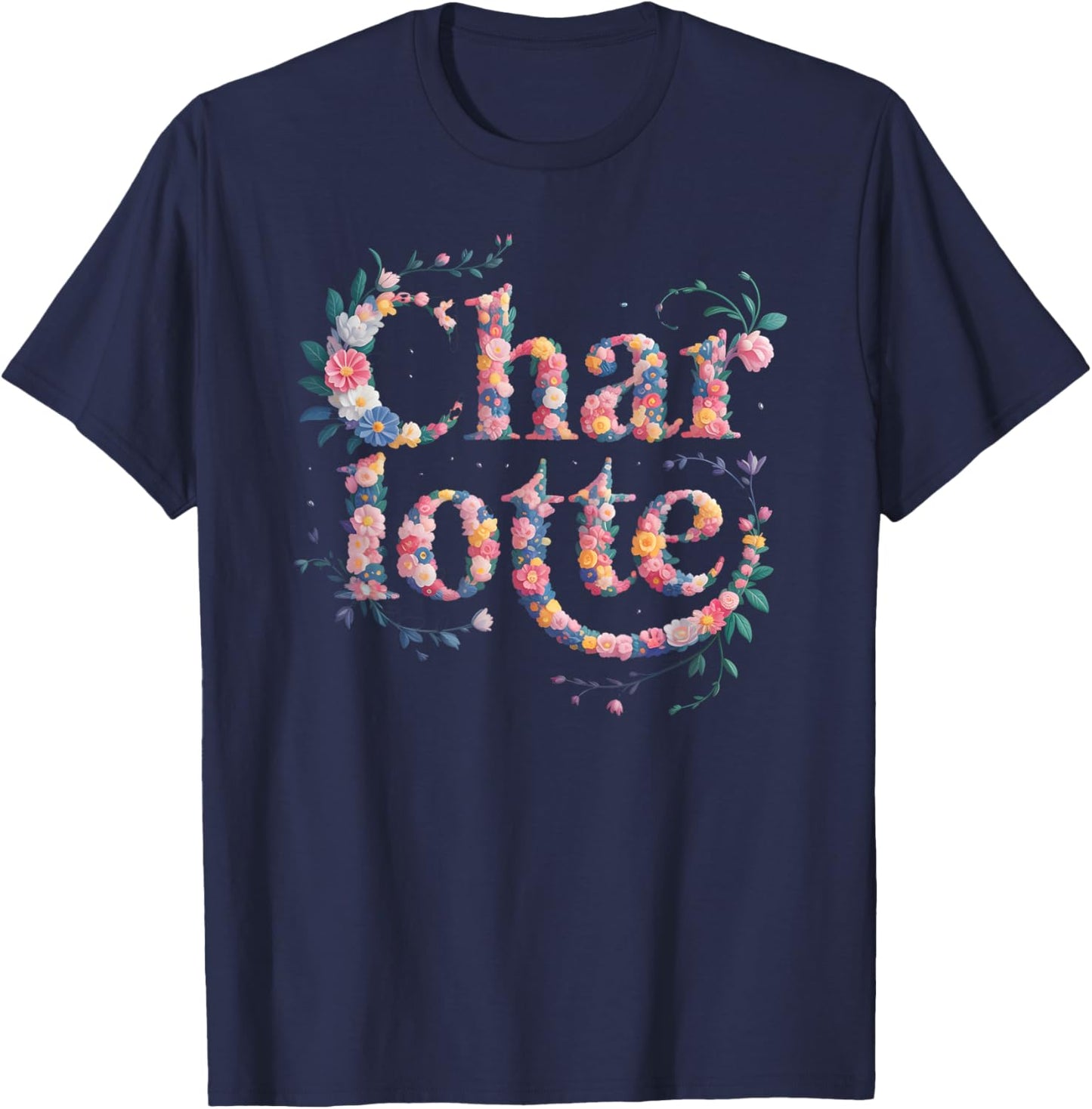 Charlotte Personalised Name Girl Birthday Party Floral T-Shirt - T-Shirt | Navy