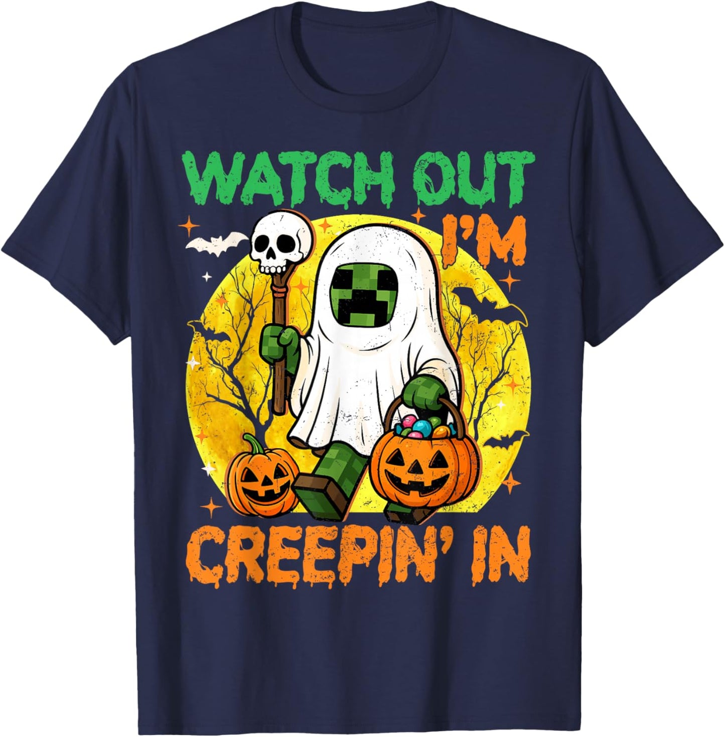 Boys Halloween Shirt Kids Game Pixel Ghost Creepin in Spooky T-Shirt - T-Shirt | Navy