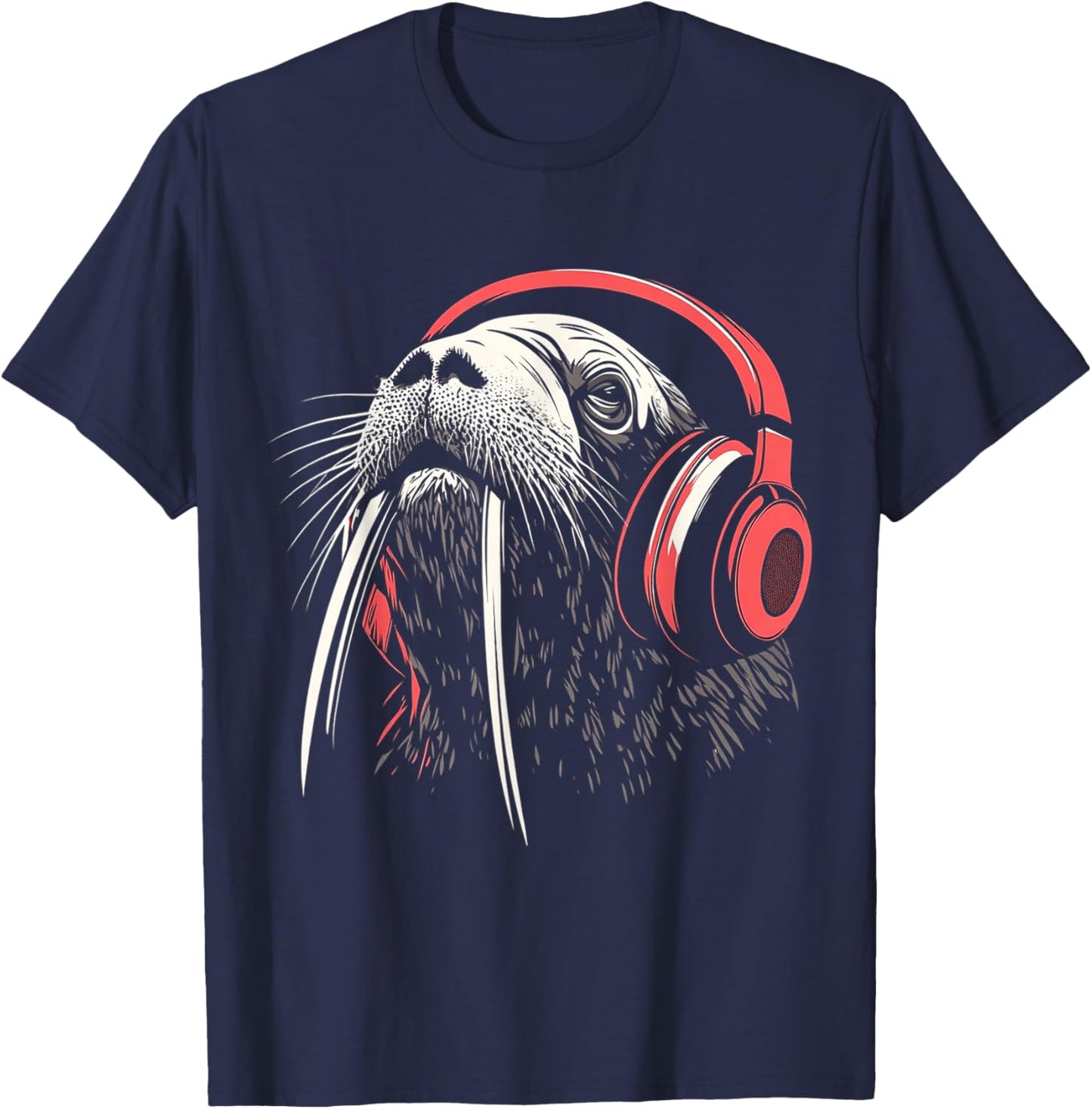Walrus Animal Motif Music Headphone Illustration Walrus T-Shirt - T-Shirt | Navy