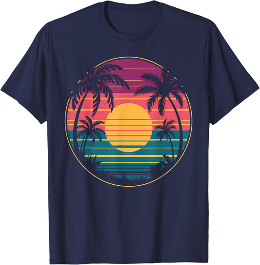 Retro 80s Vaporwave Aesthetic Palm Trees Sunset 90s Art T-Shirt - T-Shirt | Navy