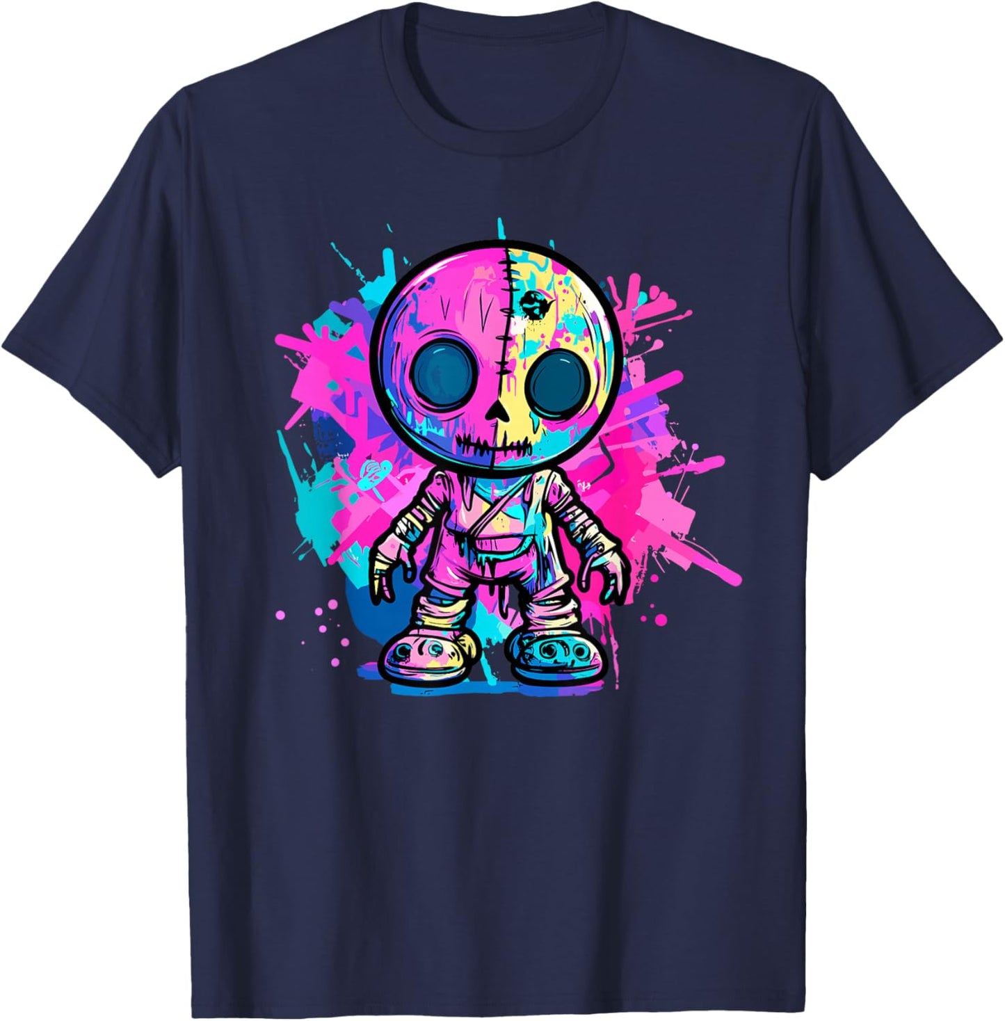 Vibrant Skull Doll Graffiti Style T-Shirt - T-Shirt | Navy