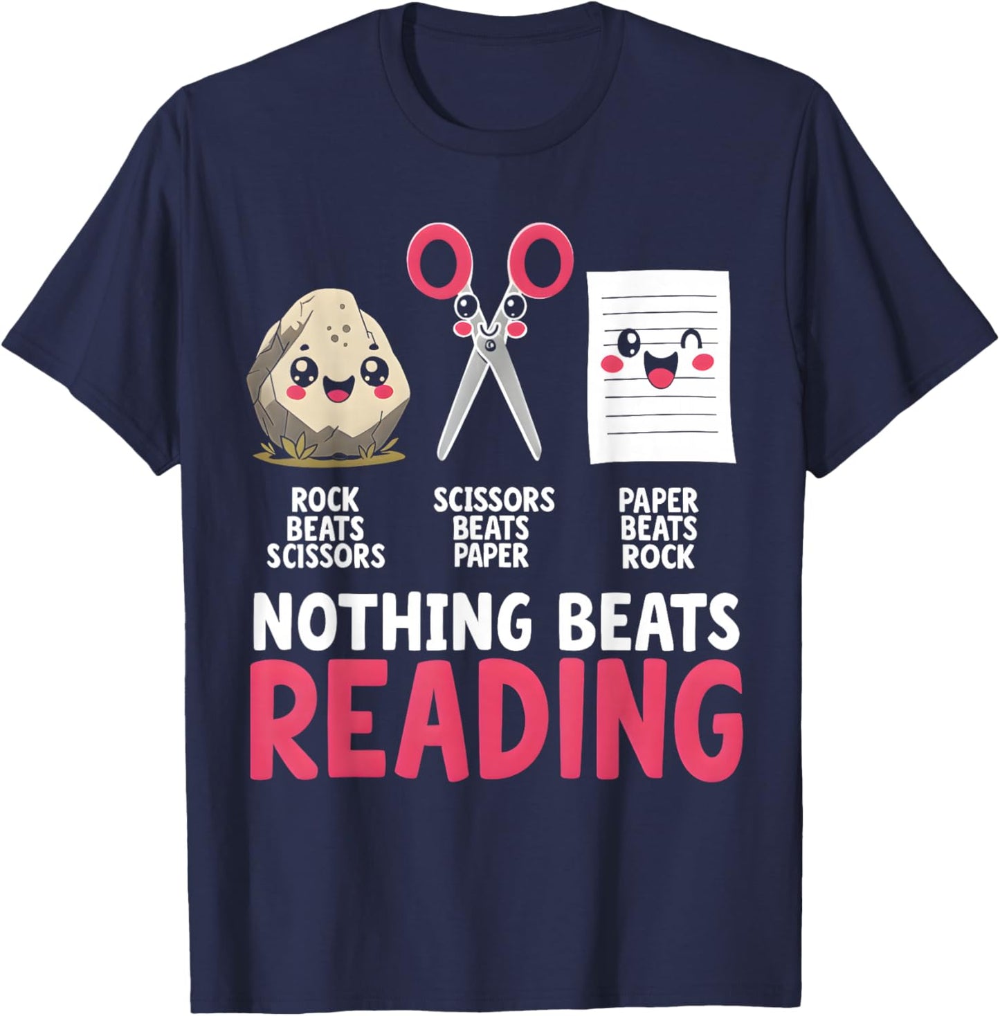 Nothing Beats Reading Rock Paper Scissors Book Lover Library T-Shirt - T-Shirt | Navy