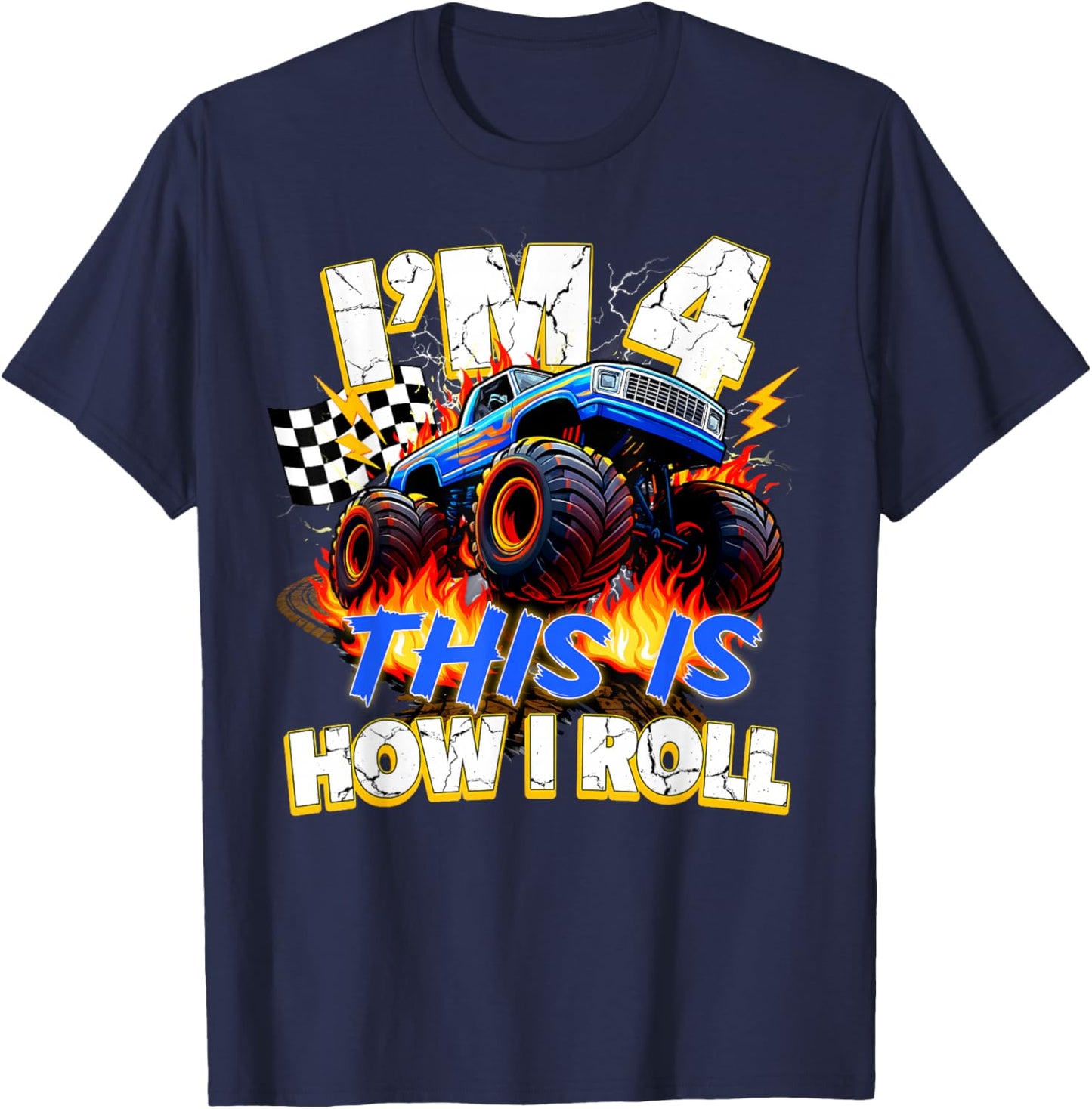 Funny 4 Year Old Birthday Boy Monster Truck 4th Bday Kids T-Shirt - T-Shirt | Navy