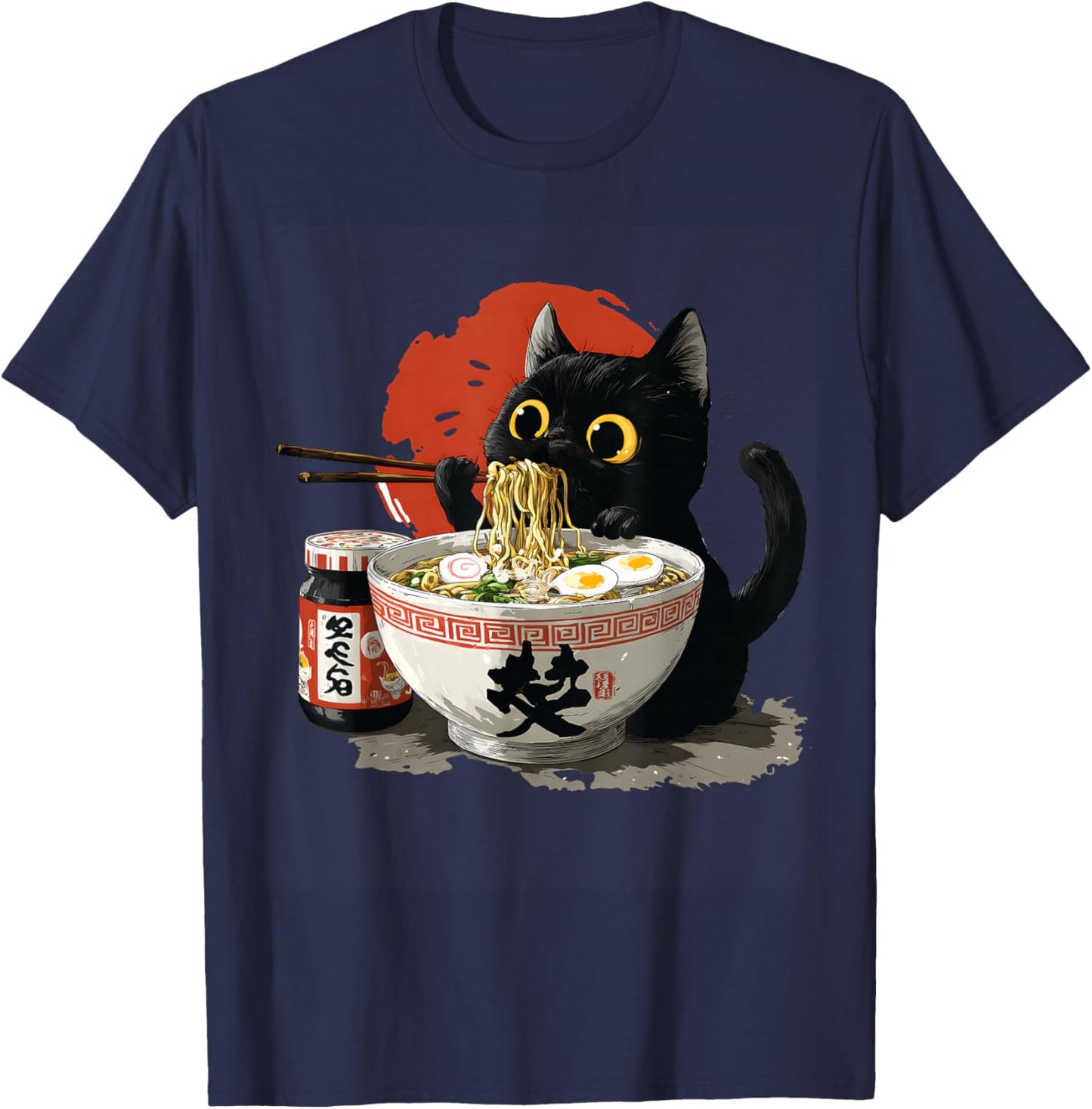 Funny Japanese Cat Eating Noodles Ramen T-Shirt - T-Shirt | Navy