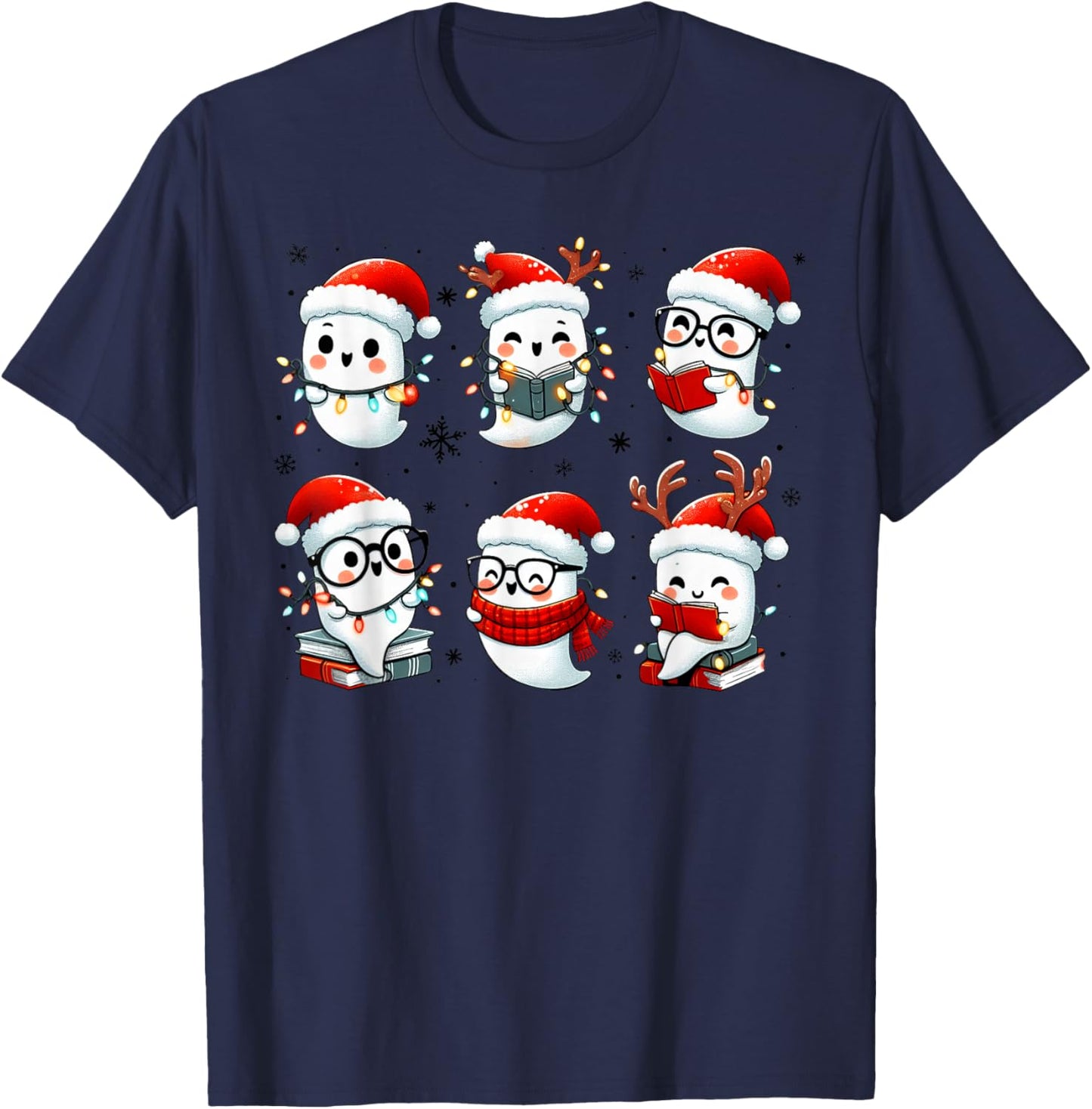 Funny Ghost Book Reading Christmas Books Lover Teacher Kids T-Shirt - T-Shirt | Navy