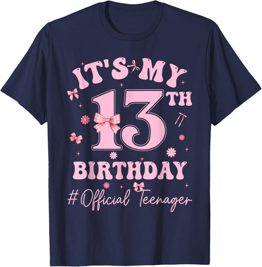 It's My 13th Birthday Girl Pink Bow Official Teenager T-Shirt - T-Shirt | Navy