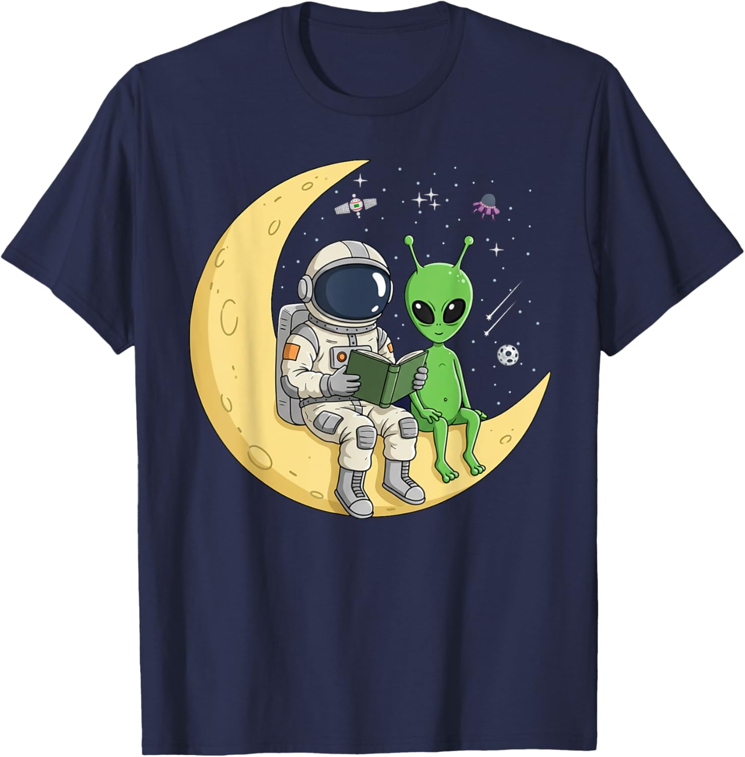 Astronaut Reading Book To Alien Moon Space Women Kids Men T-Shirt - T-Shirt | Navy