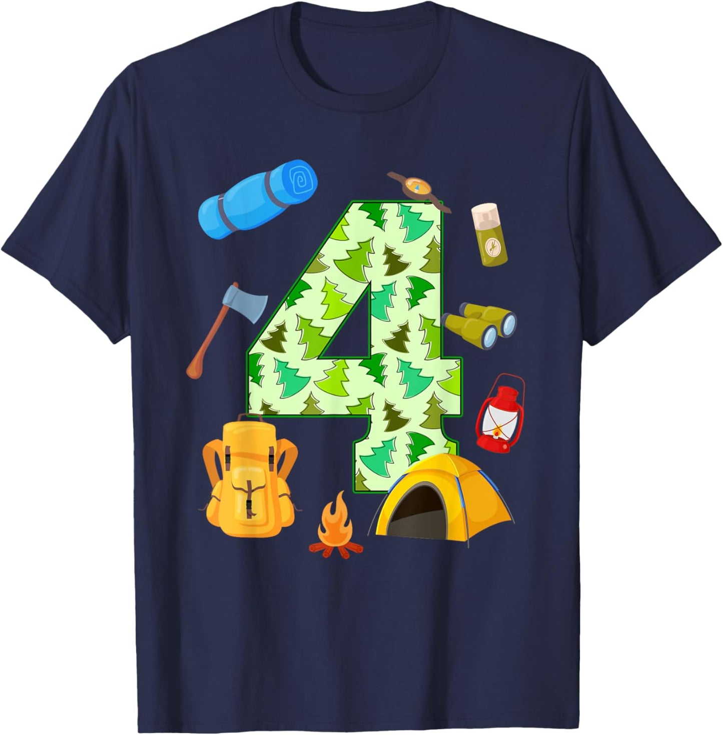 4th Birthday Camping Theme 4 Year Old Birthday Kids T-Shirt - T-Shirt | Navy