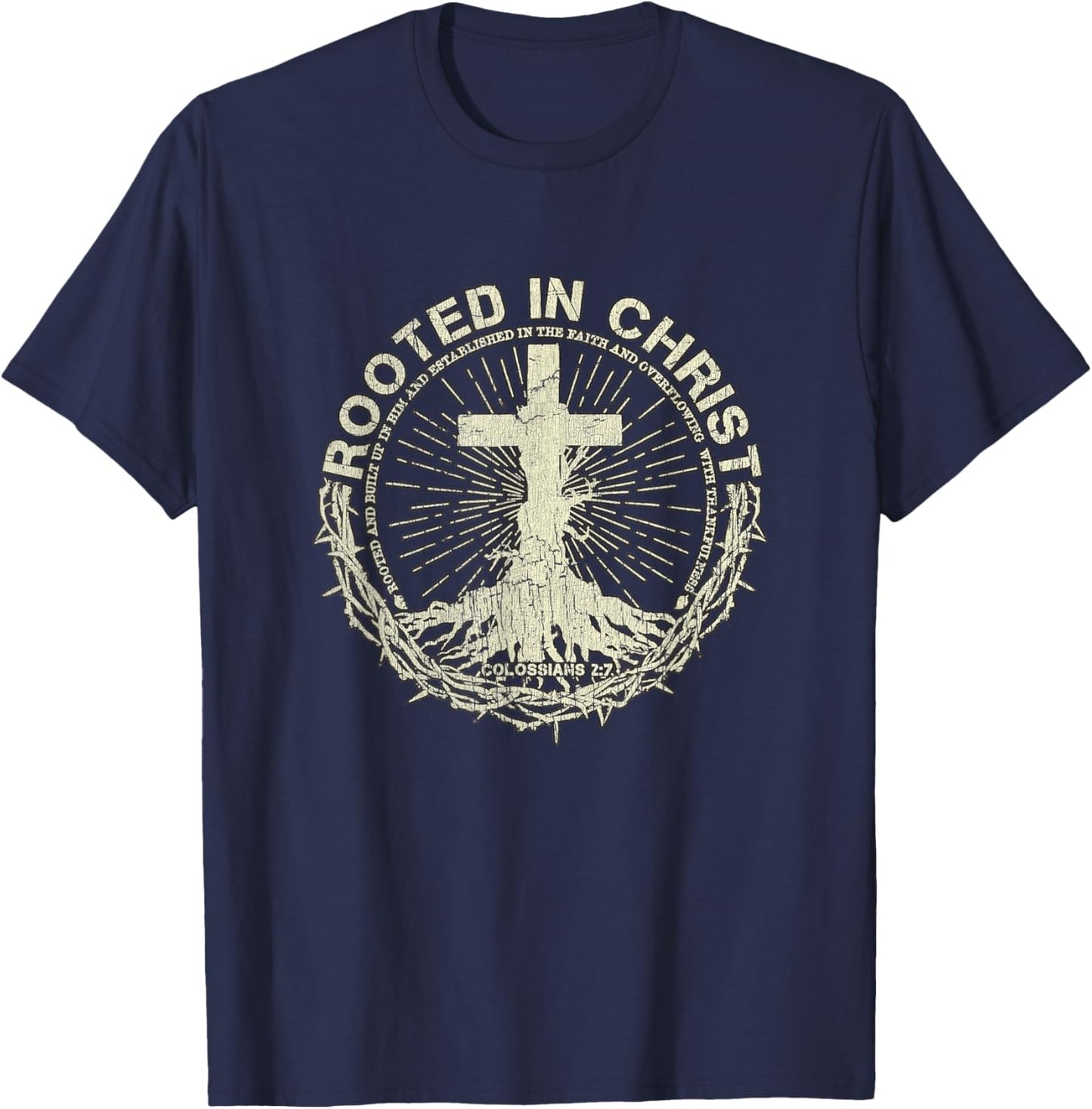 Vintage Retro Rooted In Christ Shirt Jesus Shirts Christian T-Shirt - T-Shirt | Navy