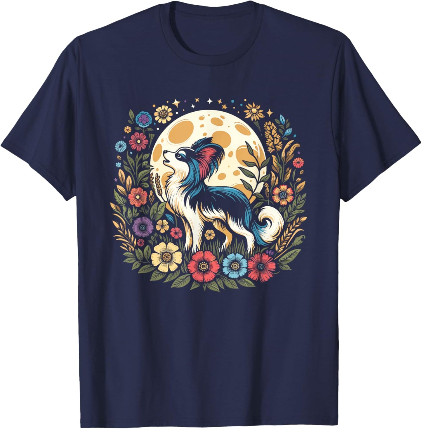 Floral Moon Papillon Dog Breed Pet - Wild Flowers T-Shirt - T-Shirt | Navy