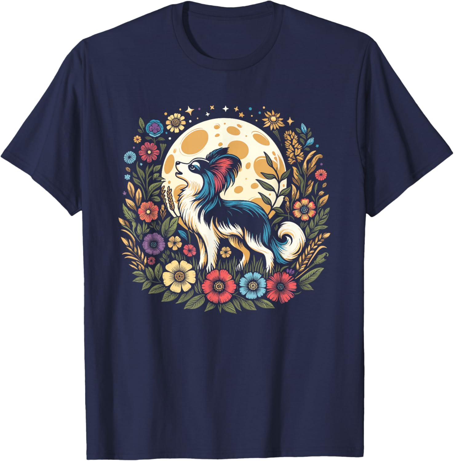 Floral Moon Papillon Dog Breed Pet - Wild Flowers T-Shirt - T-Shirt | Navy