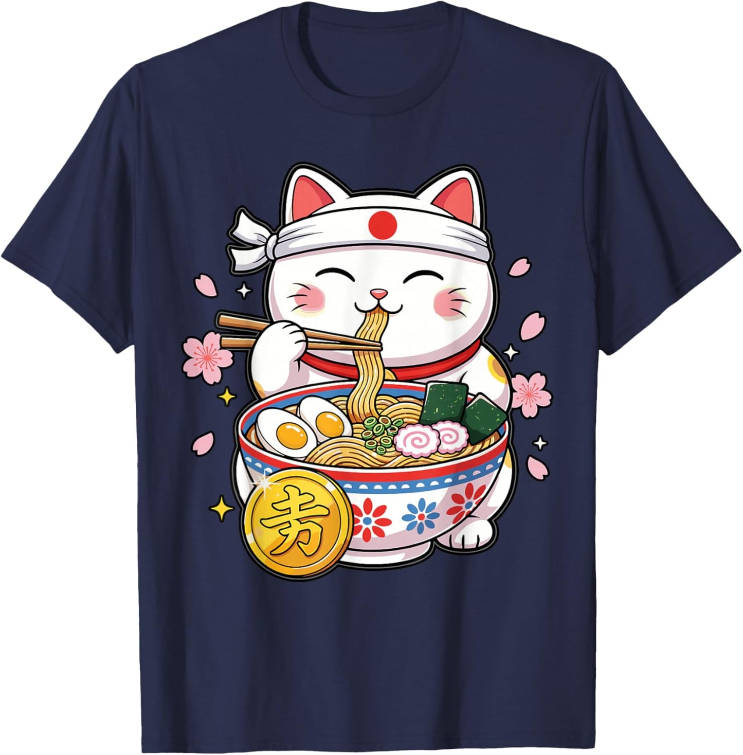 Kawaii Maneki Neko Shirt Women, Cute Japanese Cat T-Shirt - T-Shirt | Navy