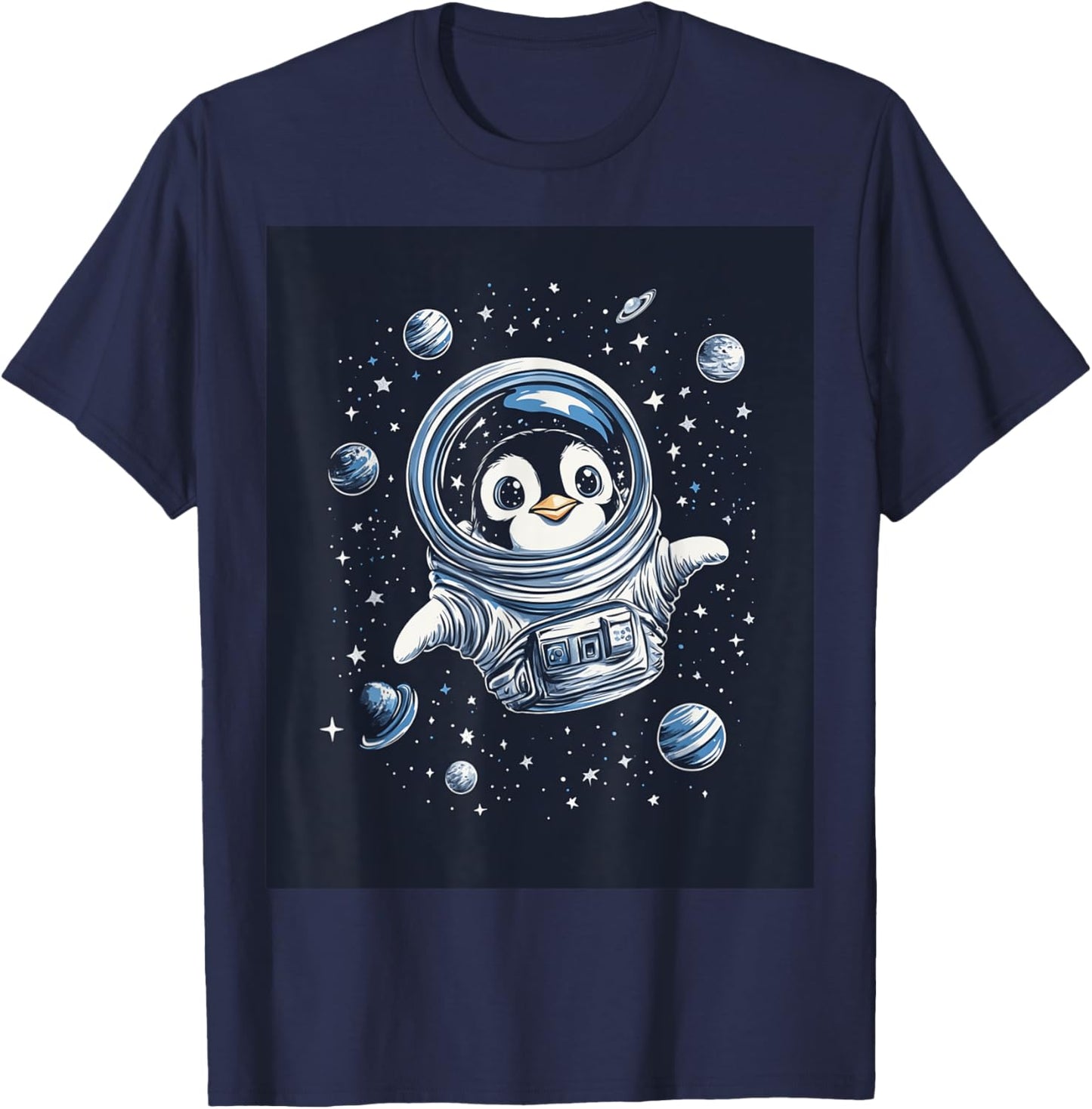 Cute Penguin in Space Floating Among Stars Apparel T-Shirt - T-Shirt | Navy