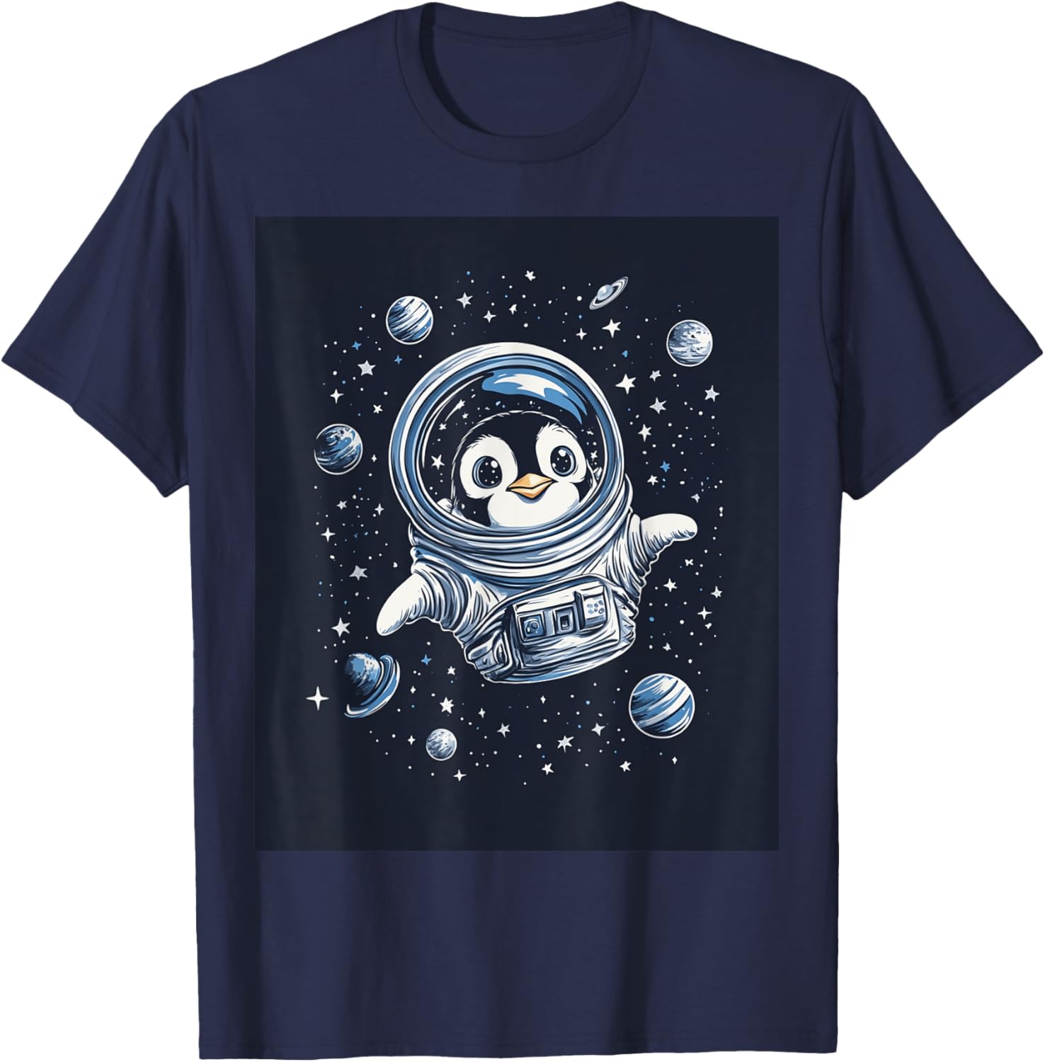Cute Penguin in Space Floating Among Stars Apparel T-Shirt - T-Shirt | Navy
