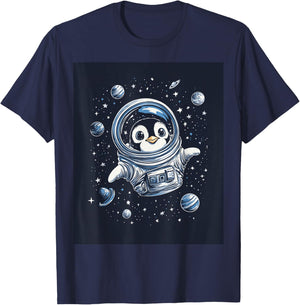 Cute Penguin in Space Floating Among Stars Apparel T-Shirt - T-Shirt | Navy