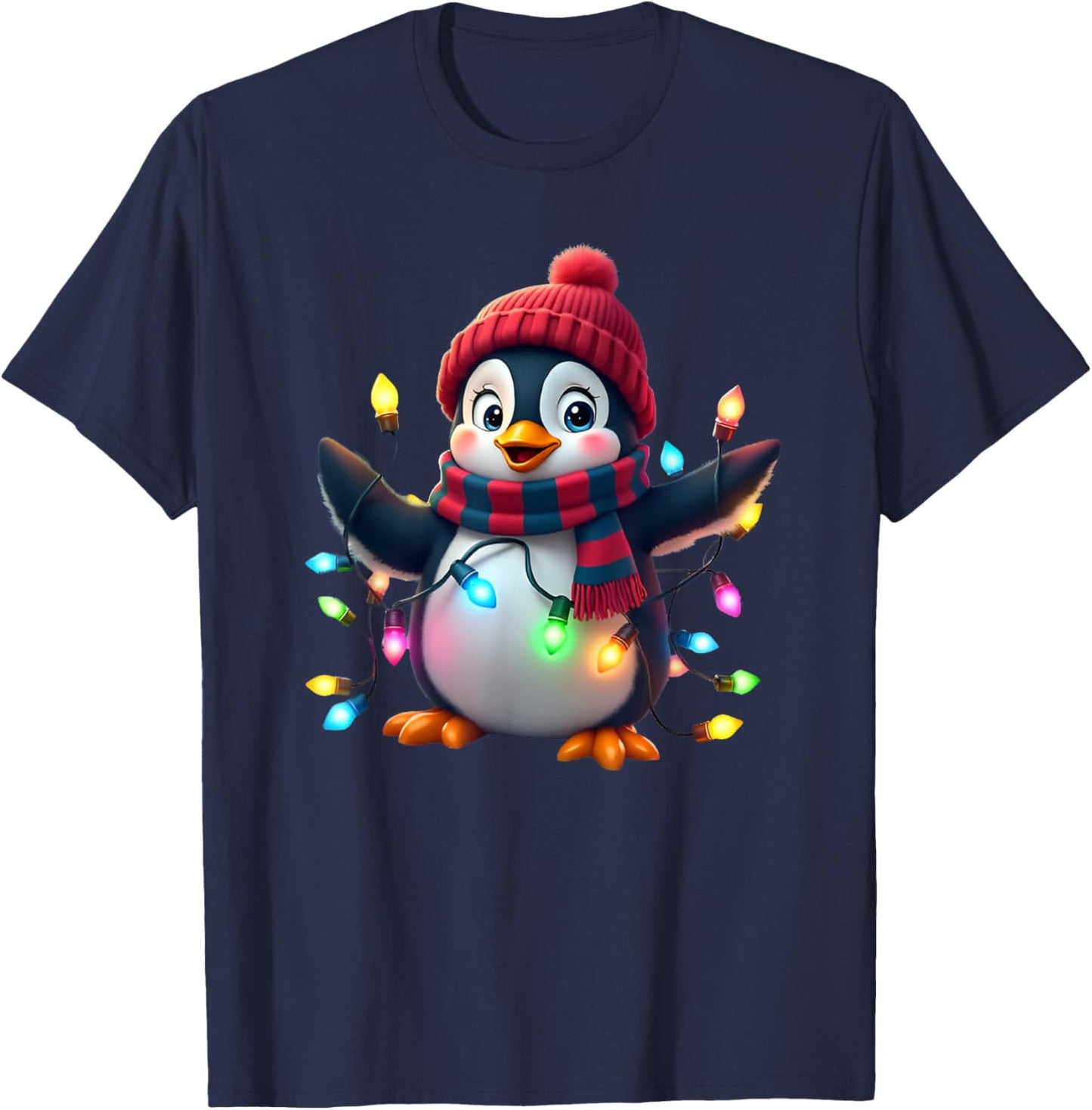 Christmas Lights Penguin Wearing Xmas Hat Penguin Lovers T-Shirt - T-Shirt | Navy