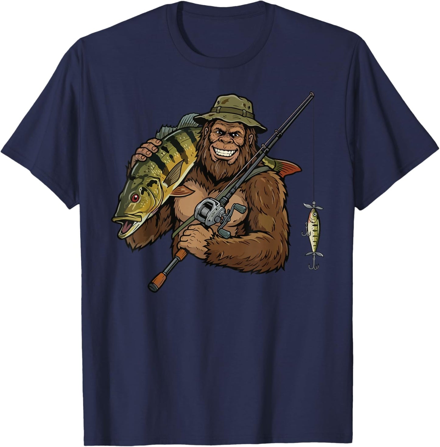 Peacock Bass Fishing Funny Bigfoot T-Shirt - T-Shirt | Navy