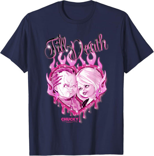 Chucky and Tiffany Till Death Flaming Heart T-Shirt - T-Shirt | Navy