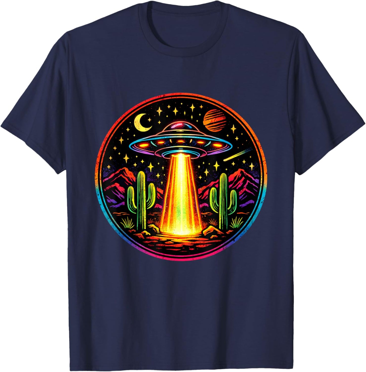 Retro UFO Desert Colorful Vibrant Aliens Conspiracy Lover T-Shirt - T-Shirt | Navy
