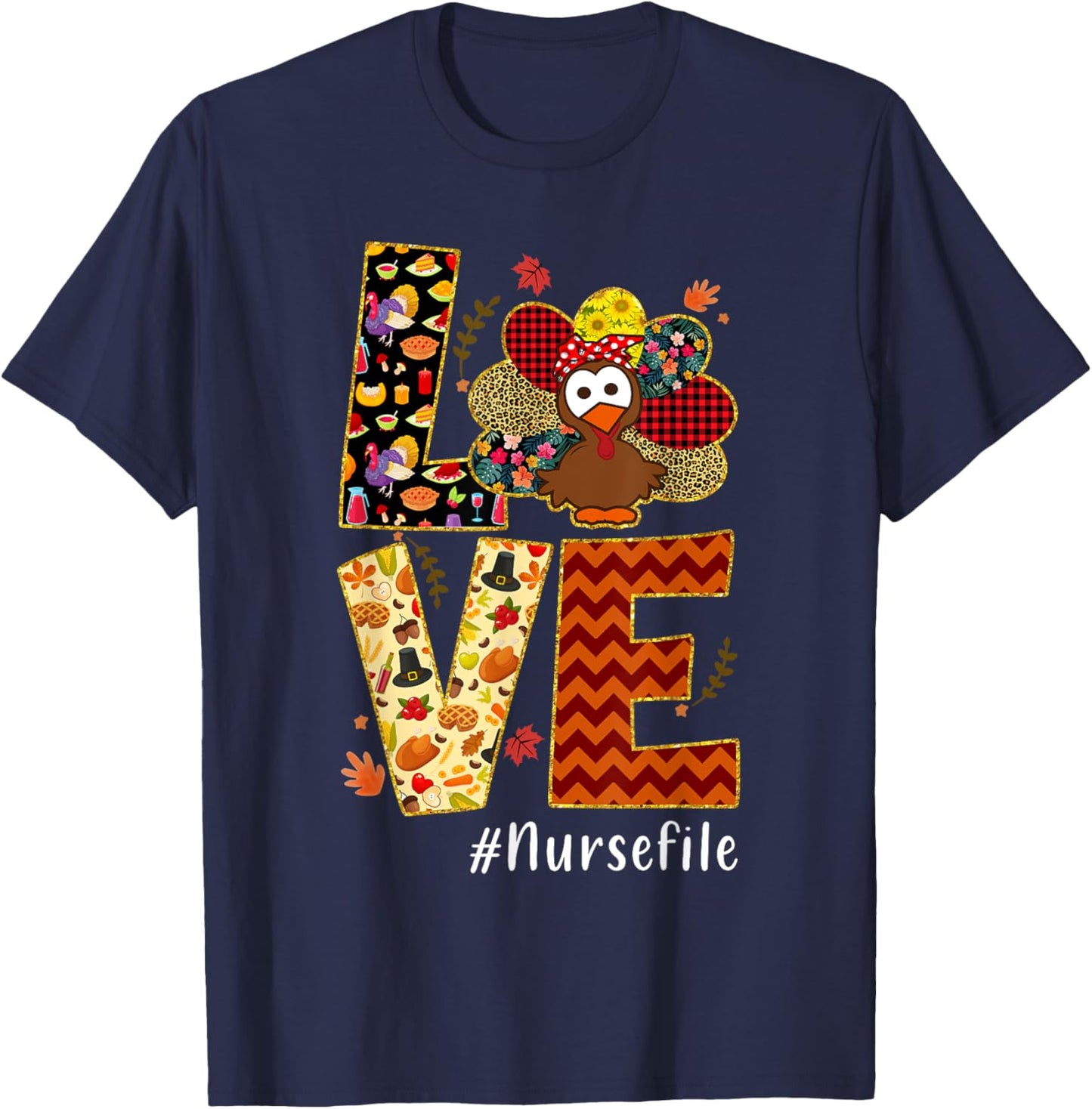 Love Turkey Nurse Thanksgiving - Love Nurse Life - -Adults & Kids - Nurses, Families, Supporters - Black - Small - Short Sleeve T-Shirt - T-Shirt | Navy