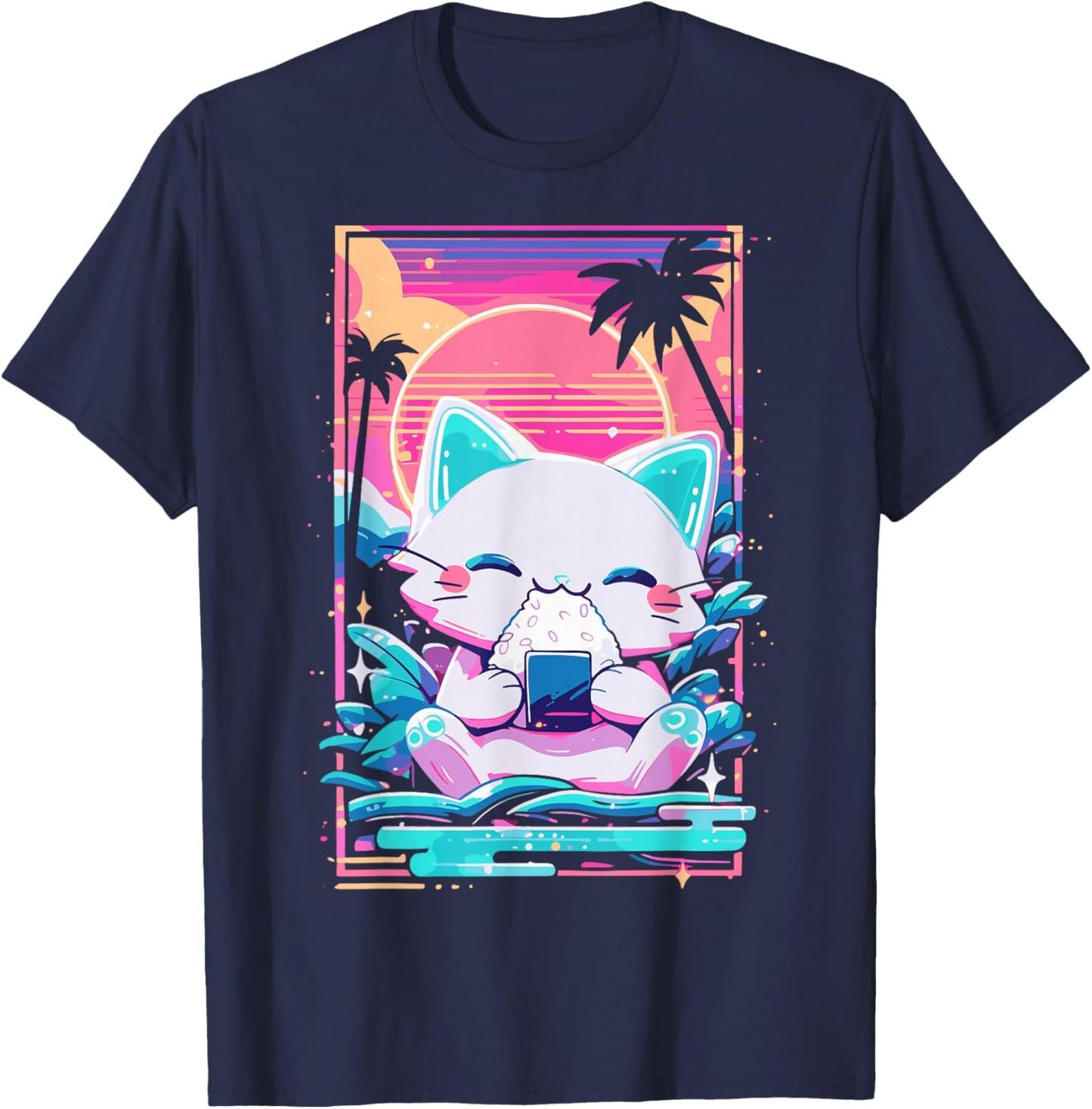 Anime Cat Eating Onigiri Japanese Sushi Cat Japan T-Shirt - T-Shirt | Navy