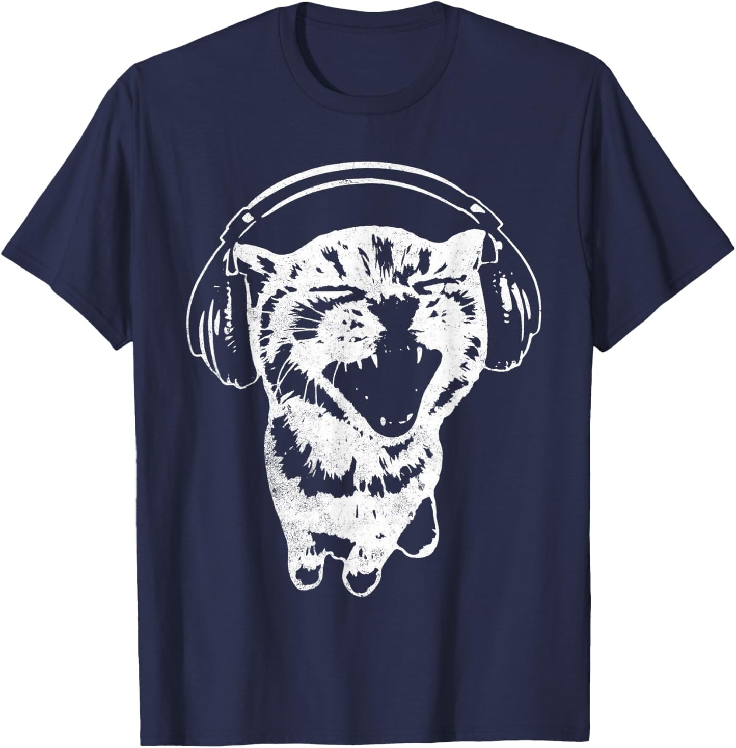 Cute Headphones Cat Y2K T-Shirt - T-Shirt | Navy