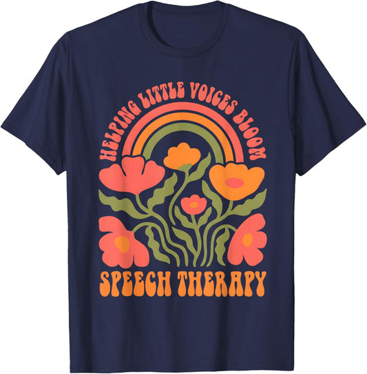 Helping Little Voices Bloom Speech Therapy Floral Boho T-Shirt - T-Shirt | Navy