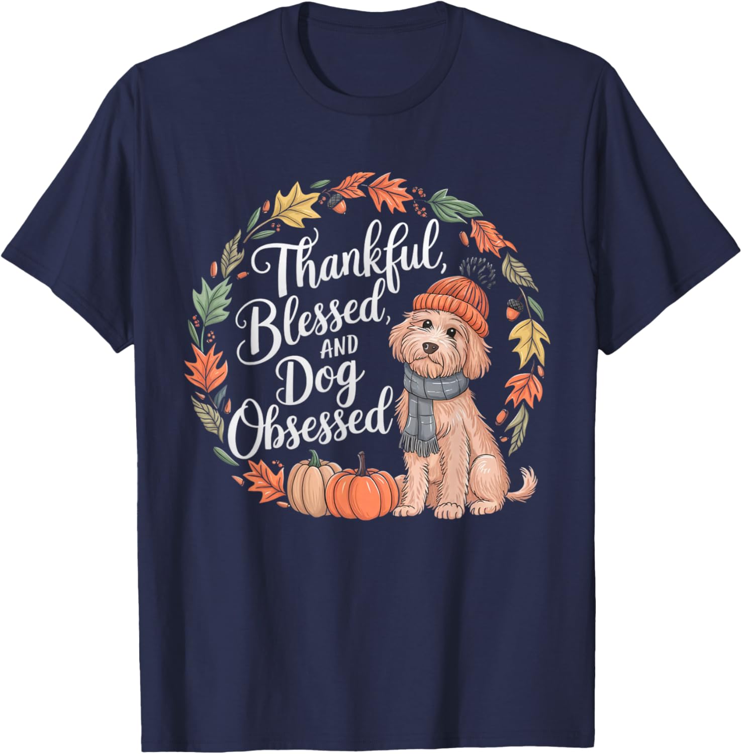 Goldendoodle Thanksgiving Pumpkin Dog Fall Leaf Autumn T-Shirt - T-Shirt | Navy