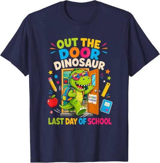 Out The Door Dinosaur Last Day of School Funny Summer T-Shirt - T-Shirt | Navy